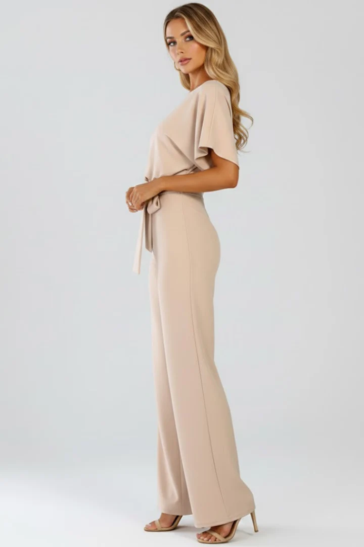 Damen Jumpsuit mit weitem Bein und G��rtel | Kurzarm Einteiler mit Rundhalsausschnitt | Flie?ender Hosenanzug f��r Damen