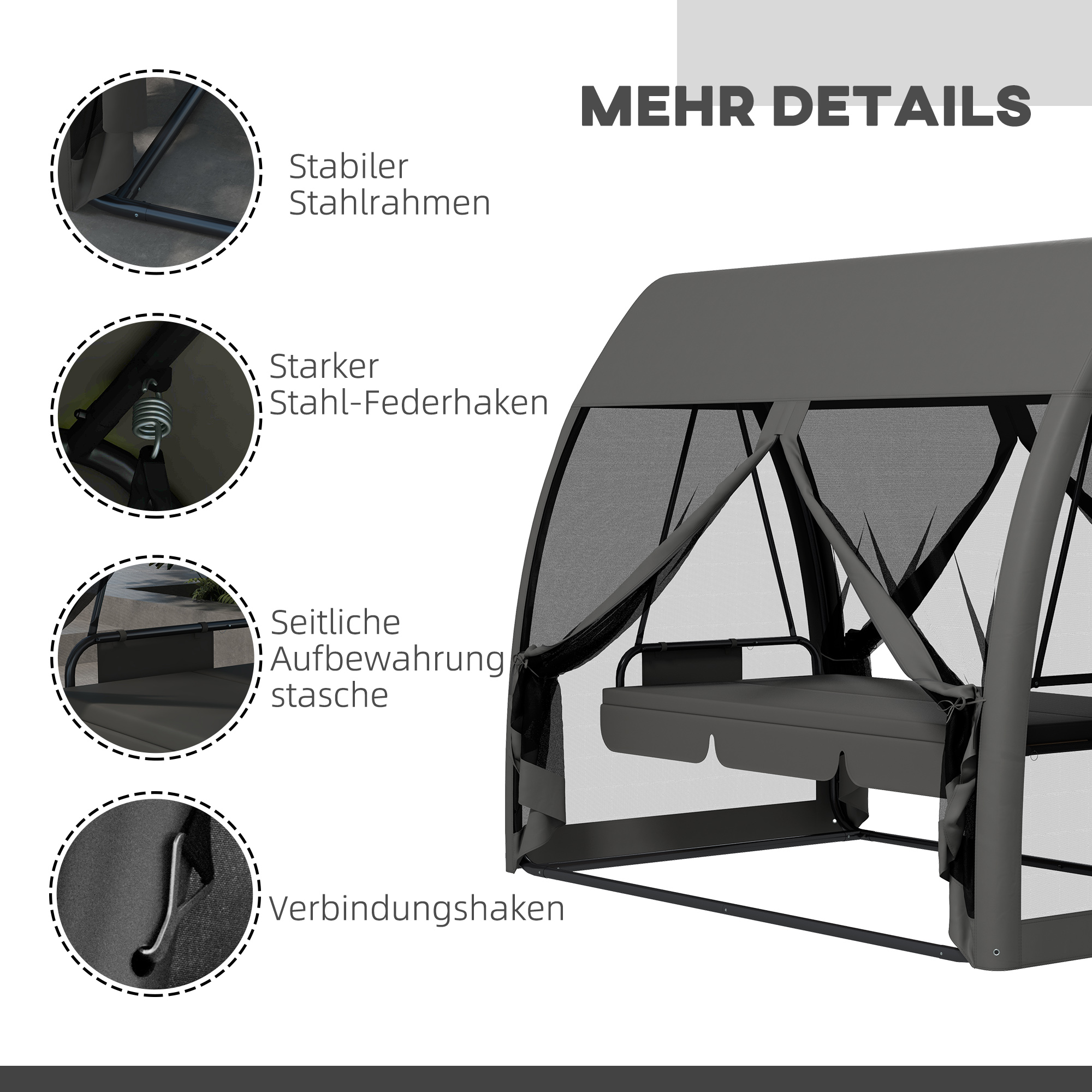 3-zits terrasschommel, verandaschommel met bedfunctie, Hollywoodschommel met muggennet en stalen frame, Grijs