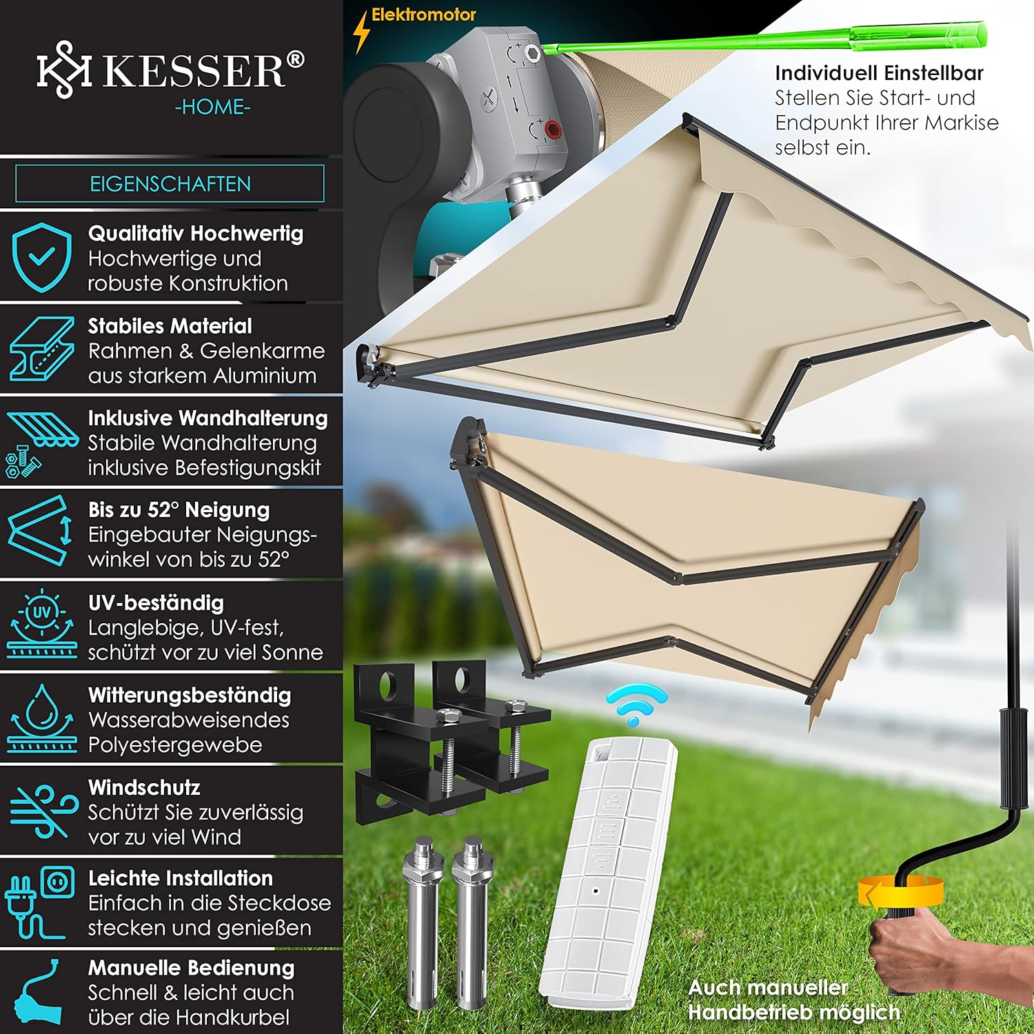 KESSER® Elektrische Gelenkarmmarkise mit Fernbedienung Markise Gelenkmarkise 250 x 200cm Terrassenmarkise Klemmmarkise Sonnenmarkise inkl. Wandhalterung Sonnenschutz Balkonmarkise Beige