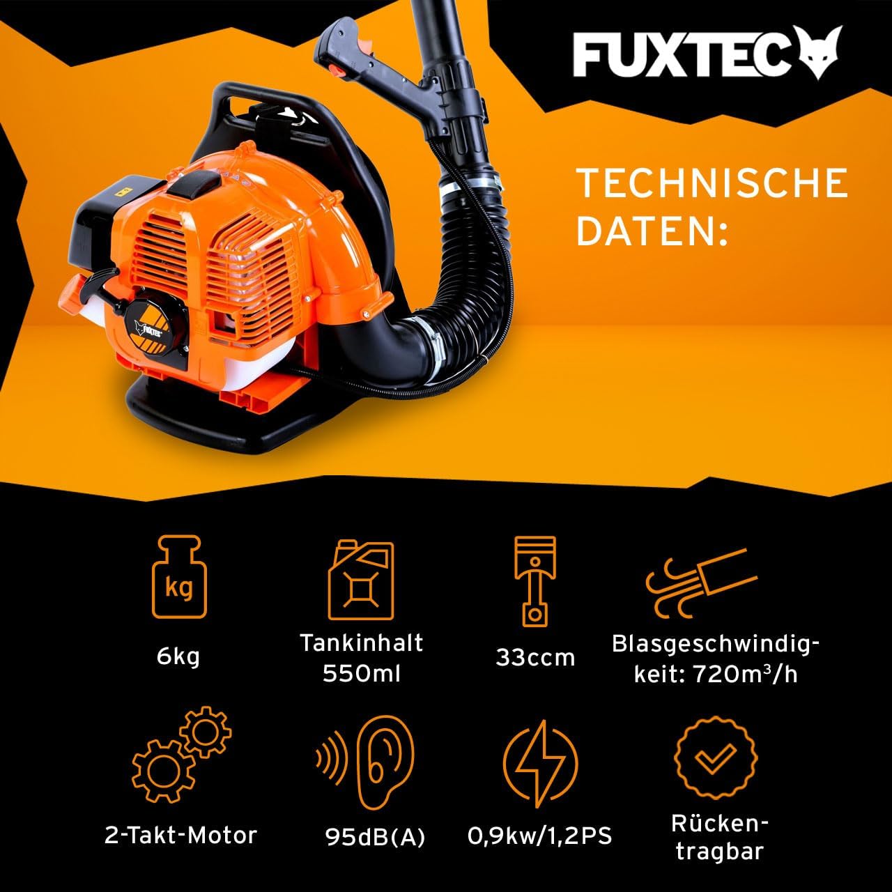 FUXTEC Benzin Laubbläser rückentragbar FX-LB133T – über 300 km/h – rückenschonend und tragbar für große Flächen – Rückenbläser, 2-Takt Blasgerät