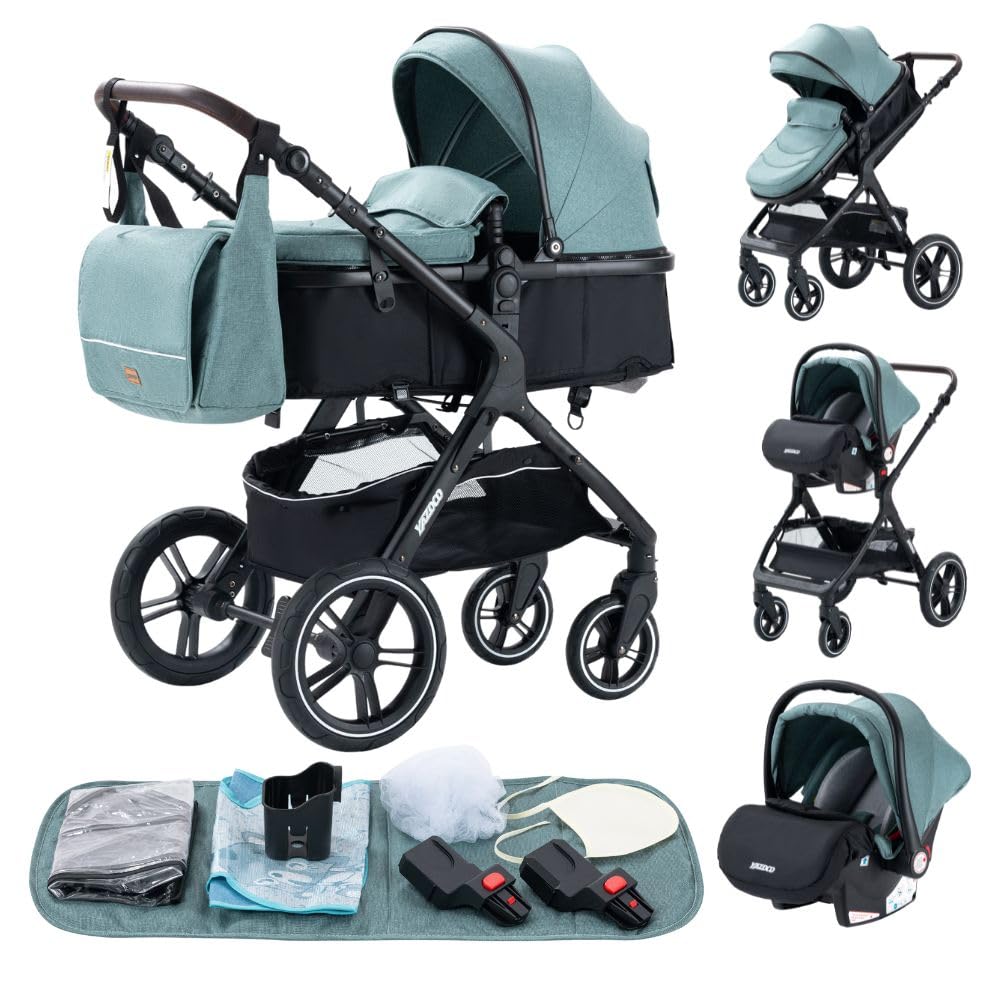 YAZOCO kinderwagen 3 in 1, Zusammenklappbar kinderwagen mit Wickeltasche,Komplettset Becherhalter,Moskitonetz, Fußabdeckung,Sitzzubehör (4 Rosa)