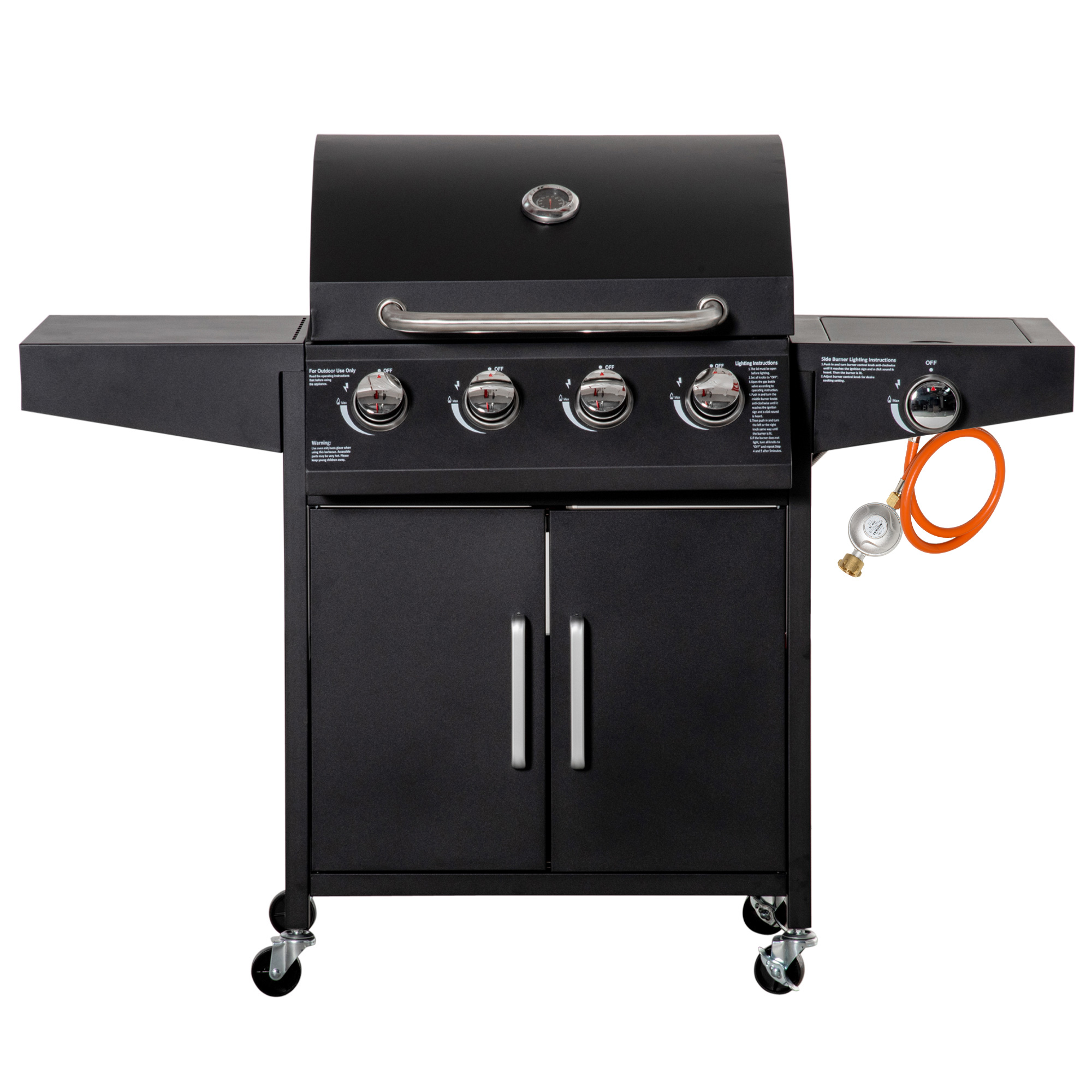Outsunny 4+1 Gas BBQ Grill met 4 Branders en 1 Zijbrander Koolstofstaal Zwart 132 x 55 x 109 cm