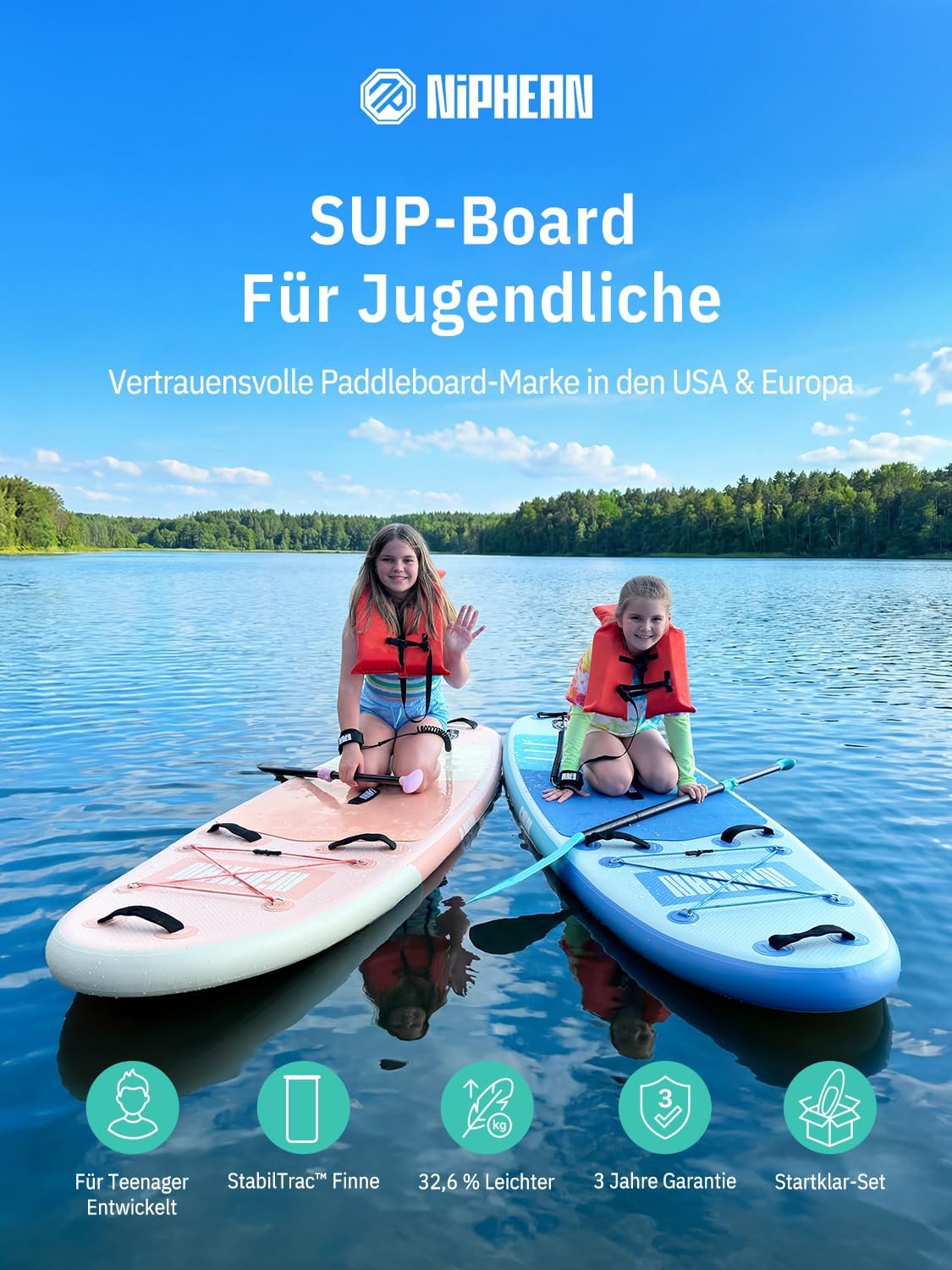 Niphean Stand up Paddling Board mit Sitz, (Ultraleichtes) SUP Board für Frauen, Standup Paddle Board mit +30% Balance StabilTrac-Finne, Anti-Rutsch Inflatable Paddle Board für Yoga&Haustierfreundlich