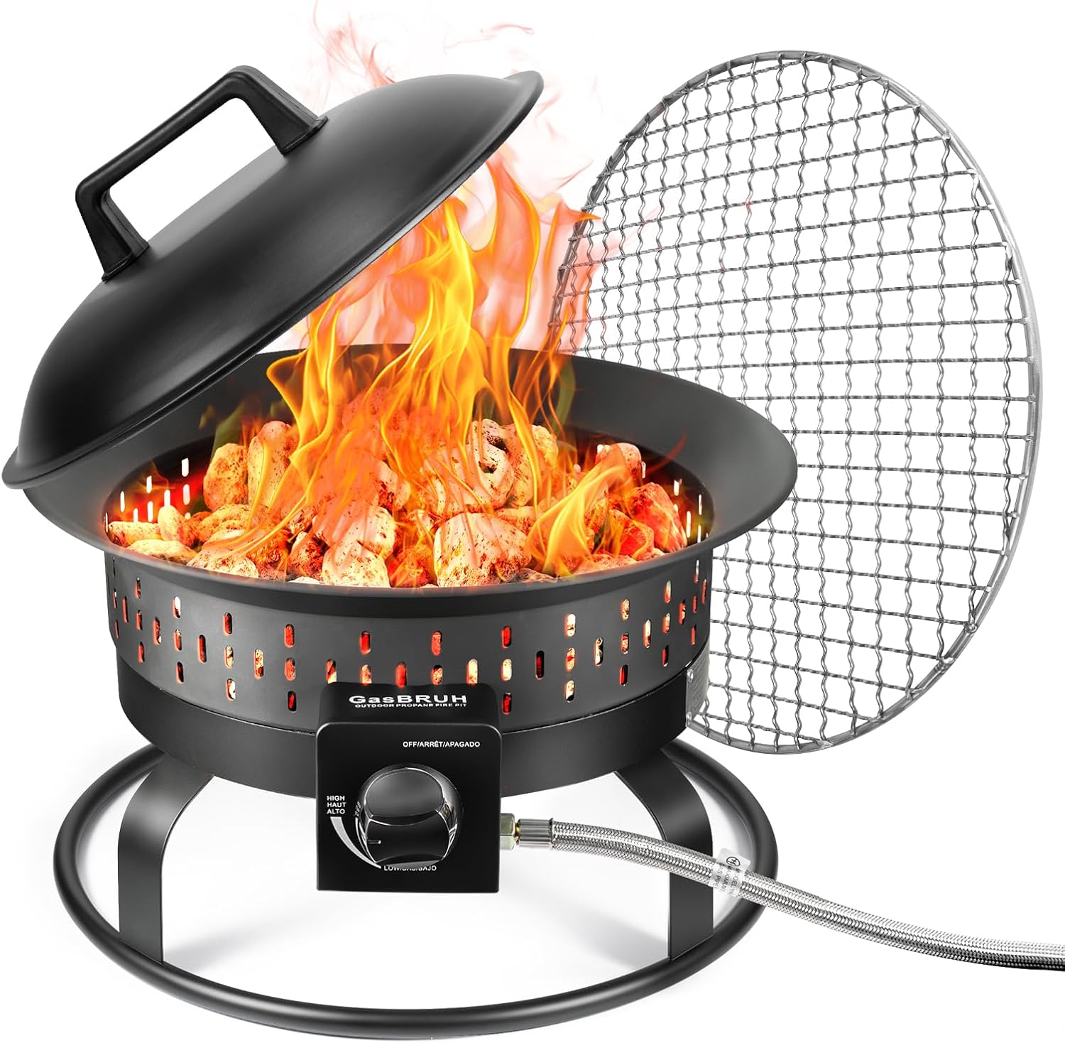 GasBRUH 19�� Outdoor Portable Propane Fire Pit with Grill Grate, Cover&Carry Kit,Fireplace,60,000 BTU Camping Propane Firepit,Portable Gas Fire Pit for Outside Patio,Camping,RV,Smokeless Gas Firebowl