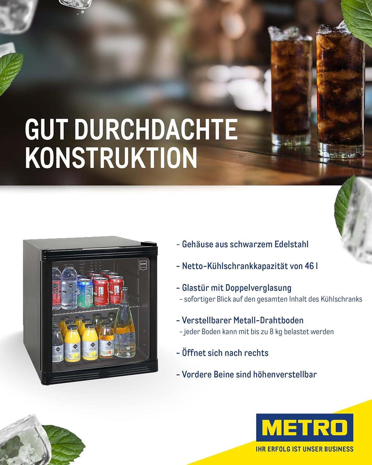 METRO Professional Mini-Kühlschrank GPC1046, Edelstahl/Glas, 43 x 48 x 51.5 cm, 46 L, schwarz