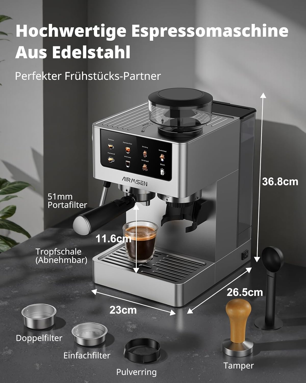 AIRMSEN 20 Bar Siebträgermaschine mit Kegelmahlwerk & Milchschäumer, 1.8L Wassertank, Edelstahl Espressomaschine Kaffeemaschine für Americano, Cappuccino und Latte