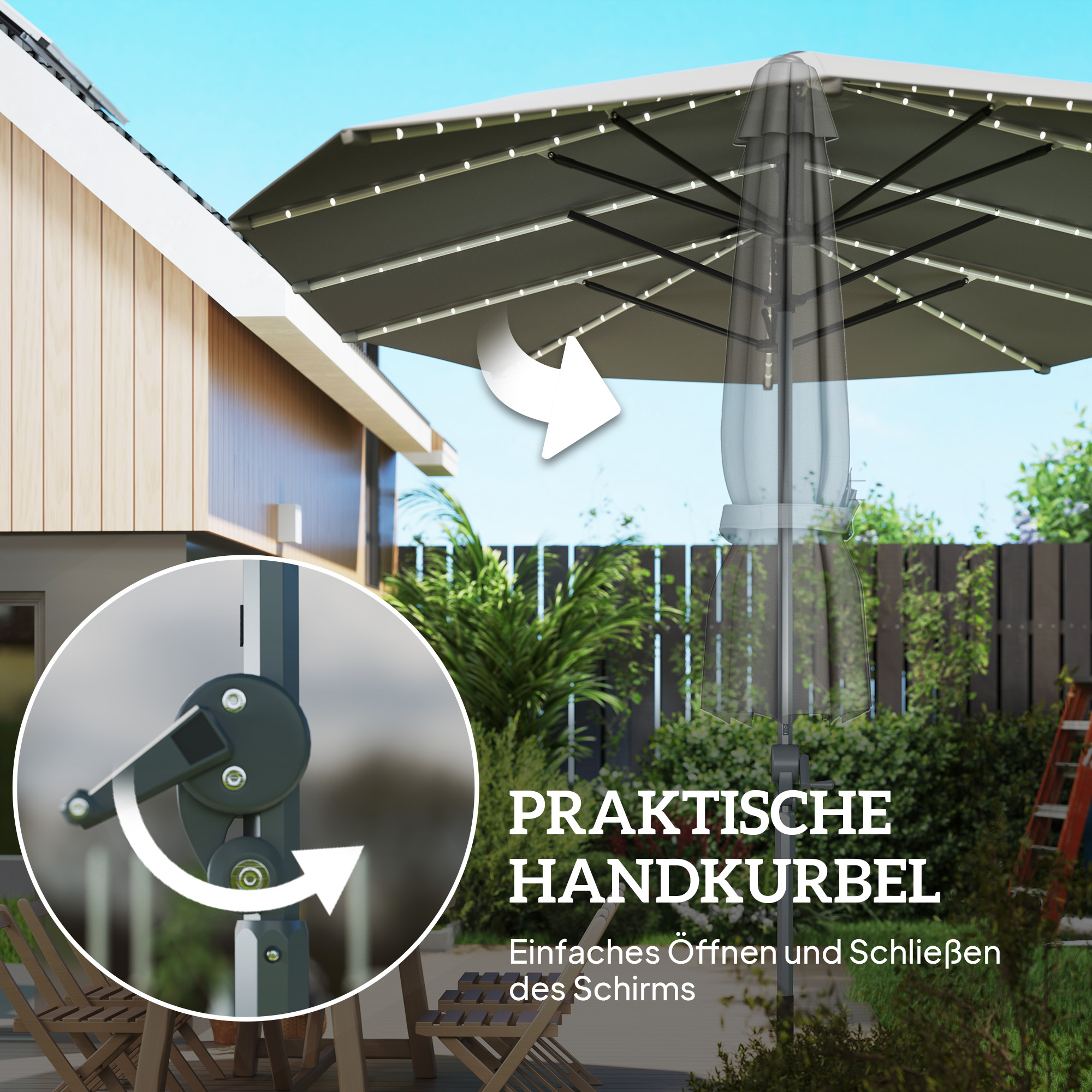 Dubbele Parasol met Zonne-energie Verlichting, Aluminium, Polyester, UPF50+ Bescherming, UV-bestendig, Terras Parasol, Donkergrijs