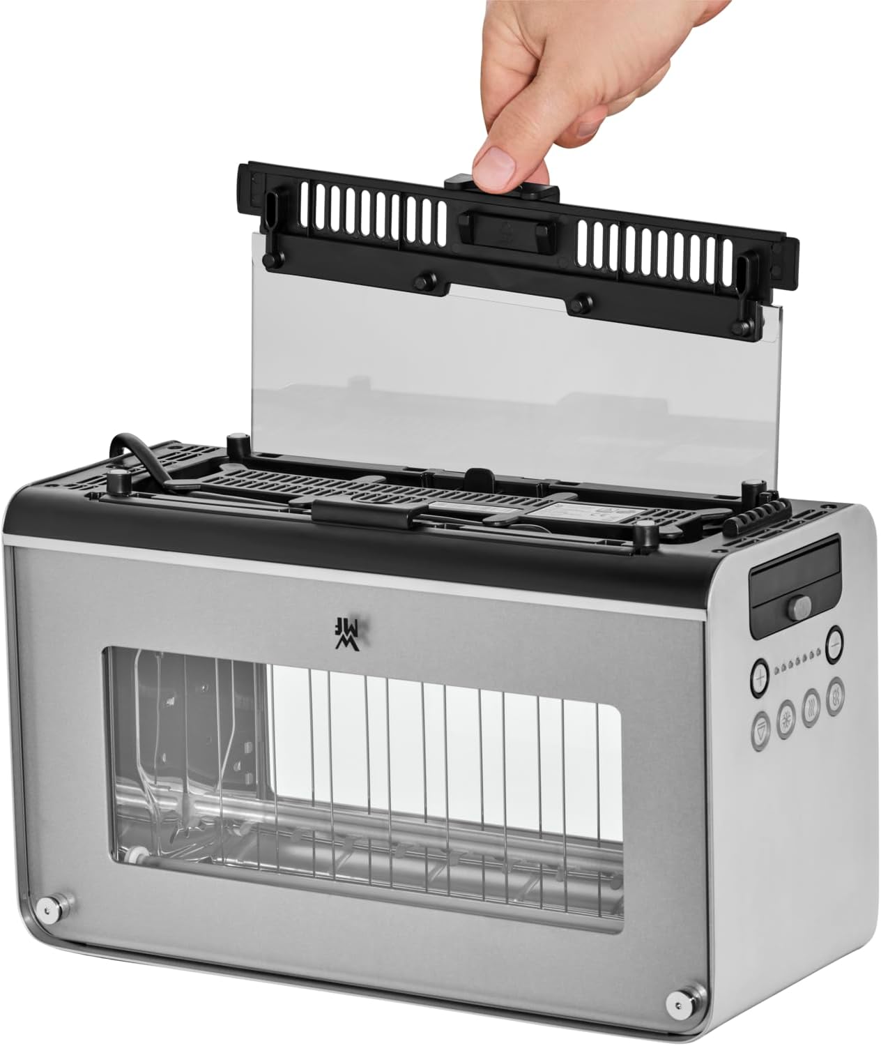 WMF Lono Toaster Glas mit Brtchenaufsatz, 2 Scheiben, XXL, motorisierte Toastaufnahme, Aufwrm-Funktion, 7 Brunungsstufen, Toaster edelstahl matt