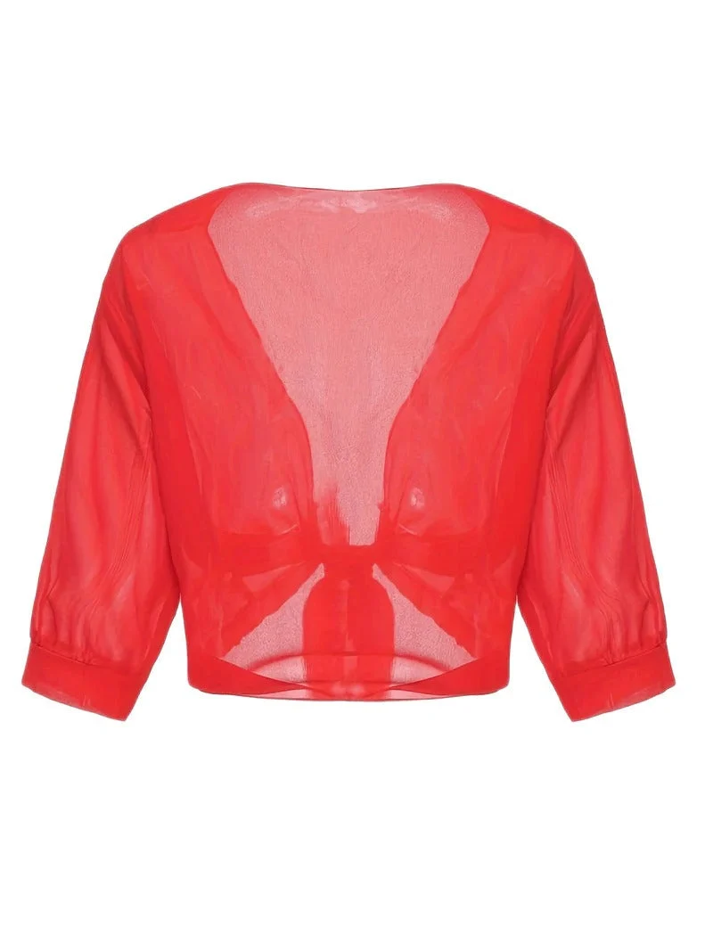 Transparente Damen-Bluse mit Bindeknoten und 3/4-?rmeln