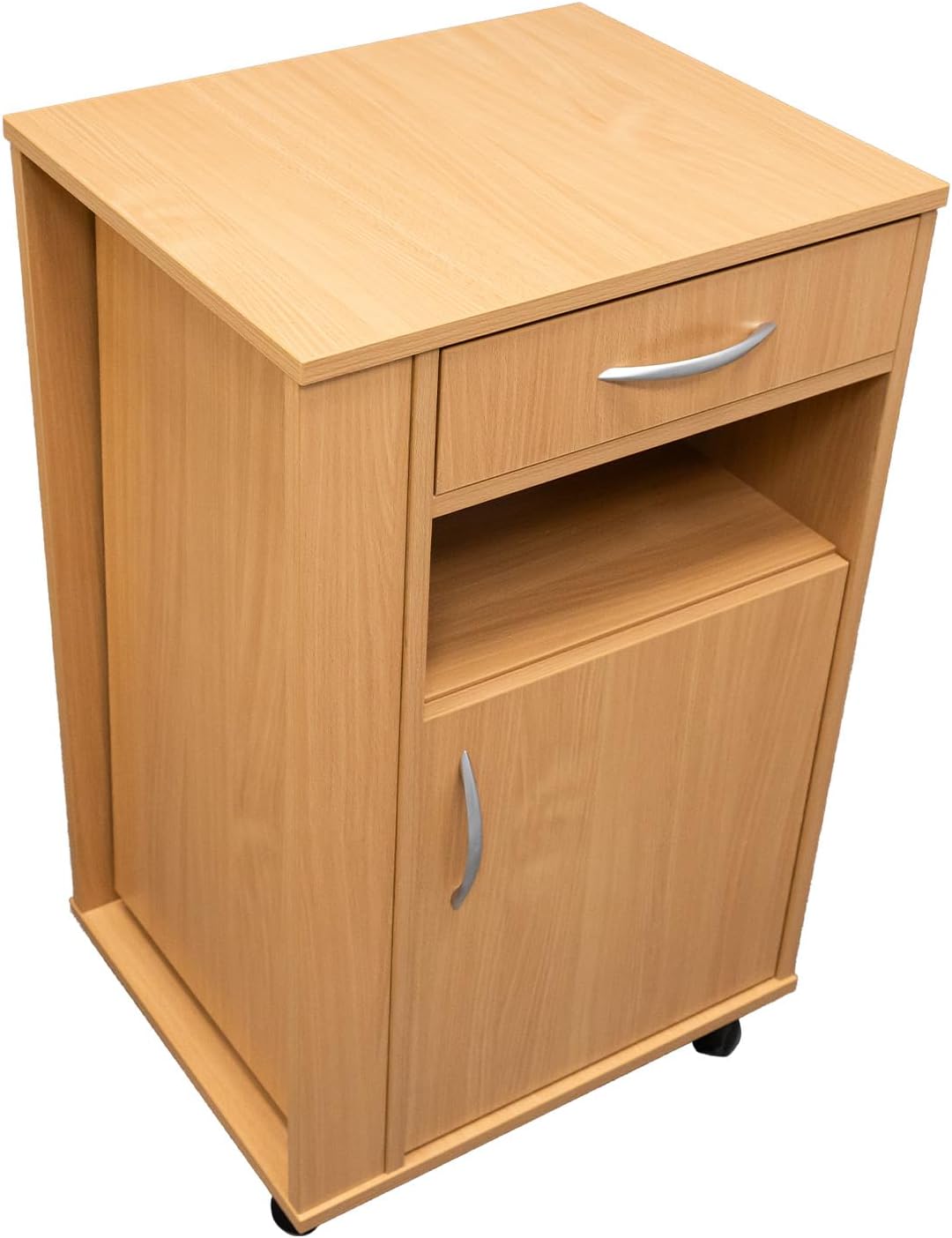 Nachttisch mit Schublade und 4 Rollen – Patientenbett-Schrank, mobil, mit Bremsen – ideal für Pflege, Reha, Krankenhäuser & Zuhause, Buche