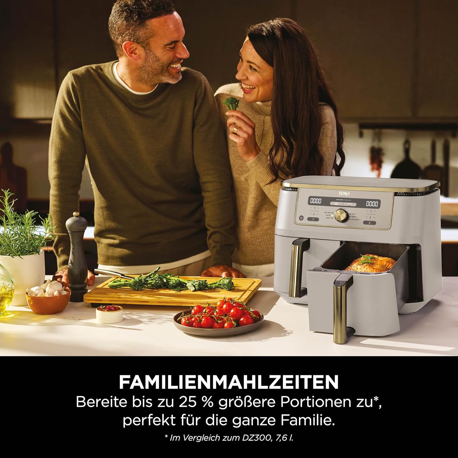 Ninja Dual Zone Digital Air Fryer, 2 Schubladen, 6-in-1, Heißluftfritteuse, 9,5L, Heißluft-Frittieren, Max Crisp, Rösten, Backen, Aufwärmen, Spülmaschinenfeste Körbe, Stone/Gold DZ400EUSTGD