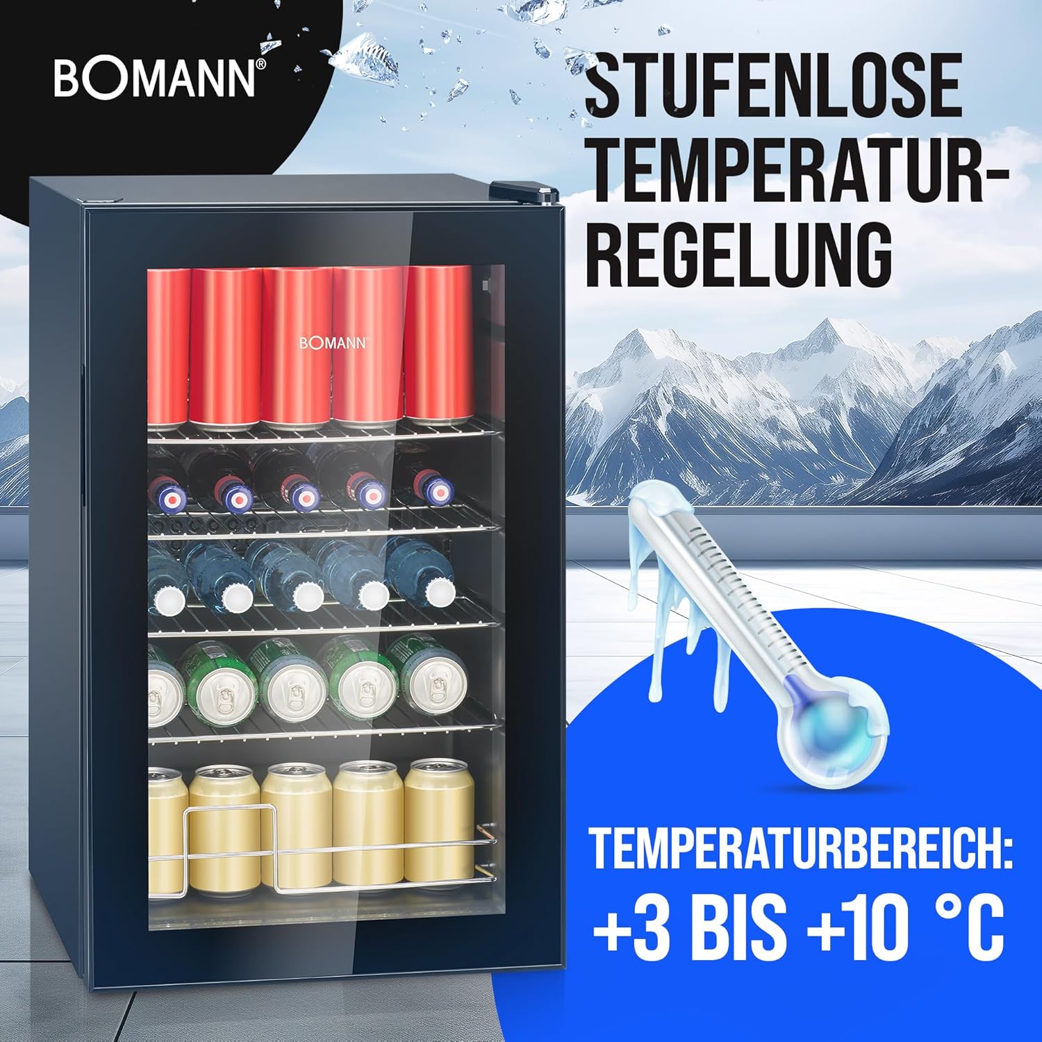 Bomann® Getränkekühlschrank | 63 Liter | stufenlos regelbar +3–10°C | Flaschenkühlschrank mit Glastür, 4 Ablagen & LED-Beleuchtung | leise, energieeffizient & kompakt | für Flaschen & Dosen | KSG 7287