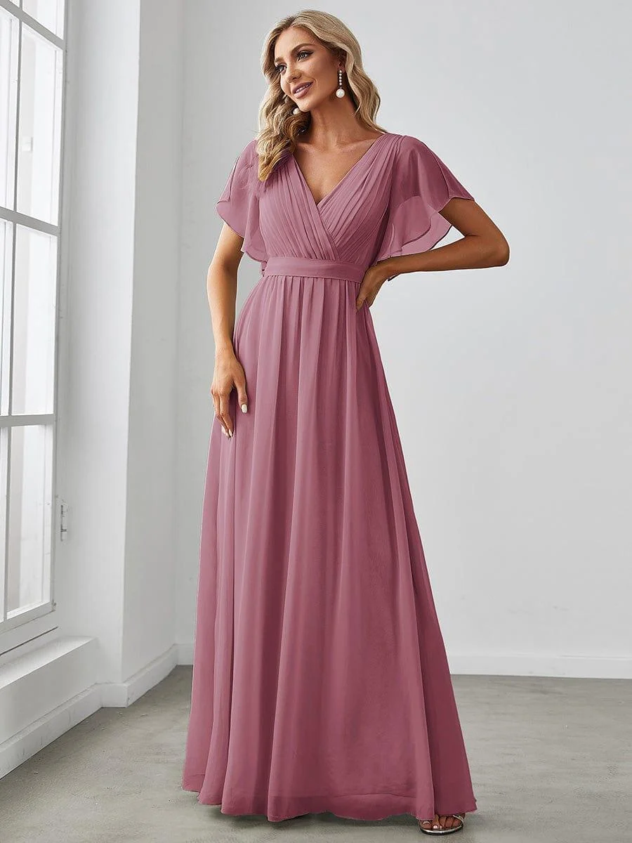 Abendkleid Damen Maxi A-Linie aus Chiffon | Festliches Kleid f��r Hochzeitsg?ste mit V-Ausschnitt und Fl��gel?rmeln