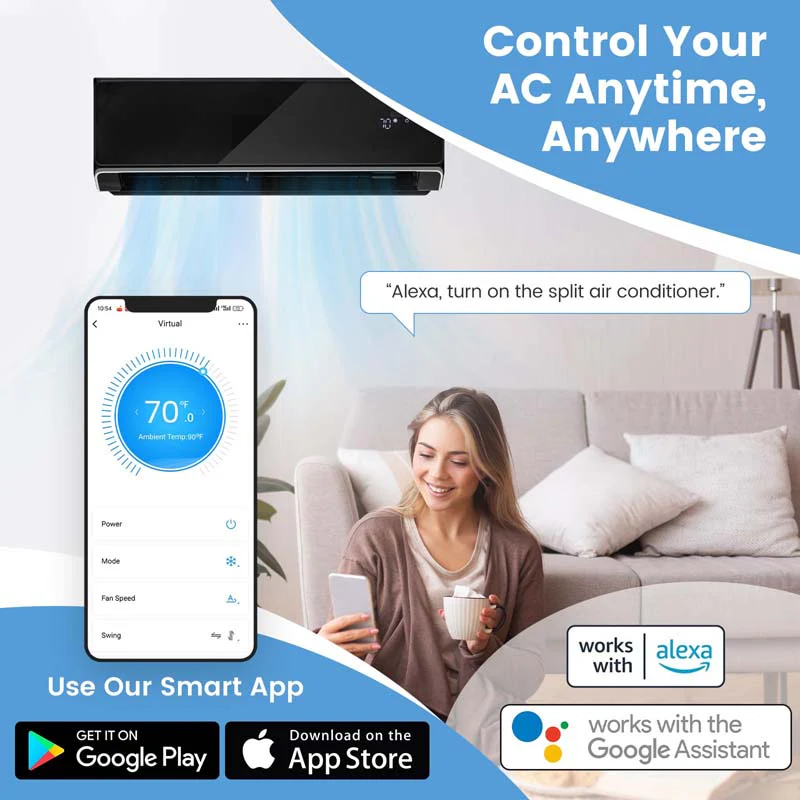18,000 BTU 21 SEER2 208-230V Wifi Enabled Mini-Split Air Conditioner with Alexa, Wall Mounted Ductless AC Unit Inverter Heat Pump System