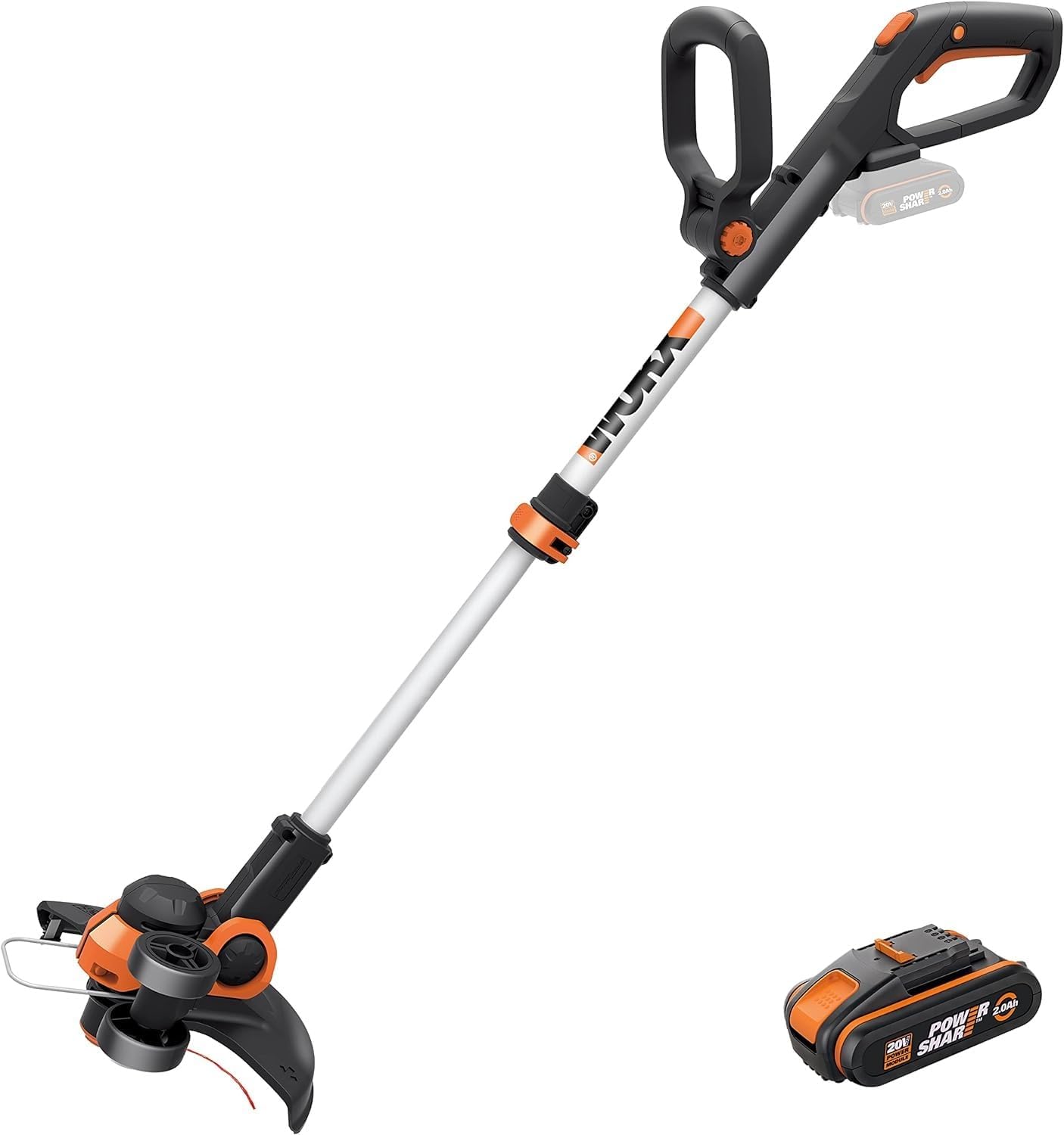 WORX 18V(20V MAX) Akku Rasentrimmer WG163E.3, 2-in-1 rasenkantenschneider mit 90° drehbarer Trimmerkopf, Teleskopstiel, Powershare, 2 x 2,0 Ah Akku