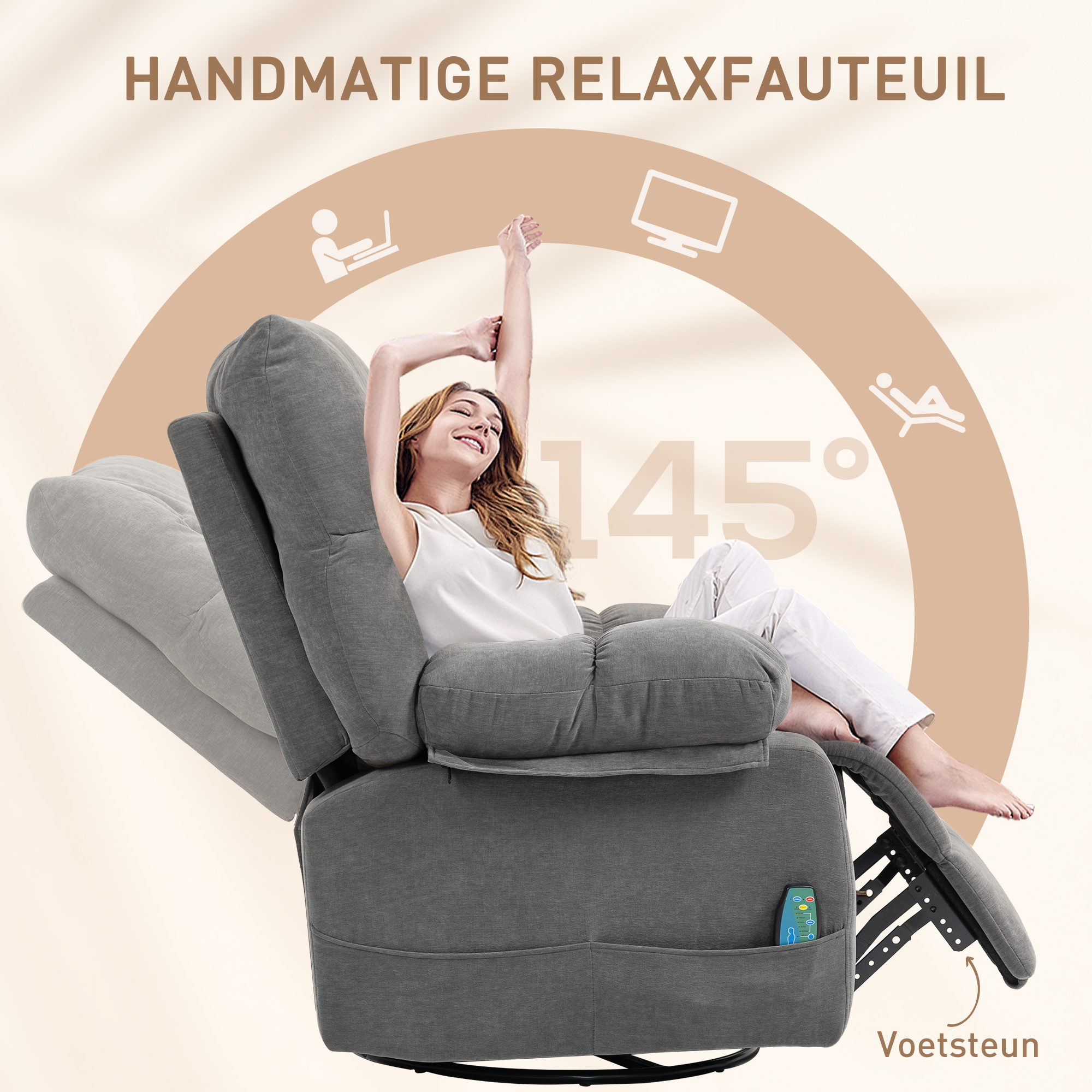 Relaxstoel met Massage- en Ligfunctie, Draaibare Massagestoel, 4 zijzakken en Afstandsbediening, Donkergrijs