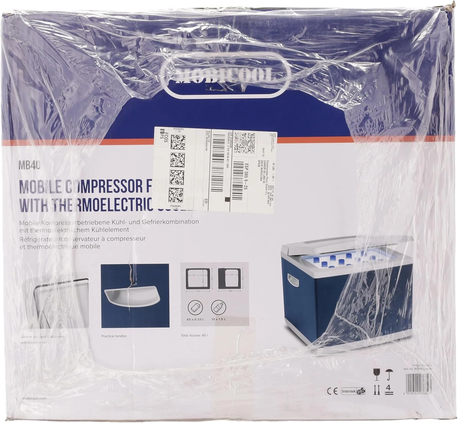 Mobicool MB40, Hybride, draagbare compressor- thermo-elektrische koelbox/vriezer, 38 liter, 12 V en 230 V voor auto, vrachtwagen, stopcontact, Blauw