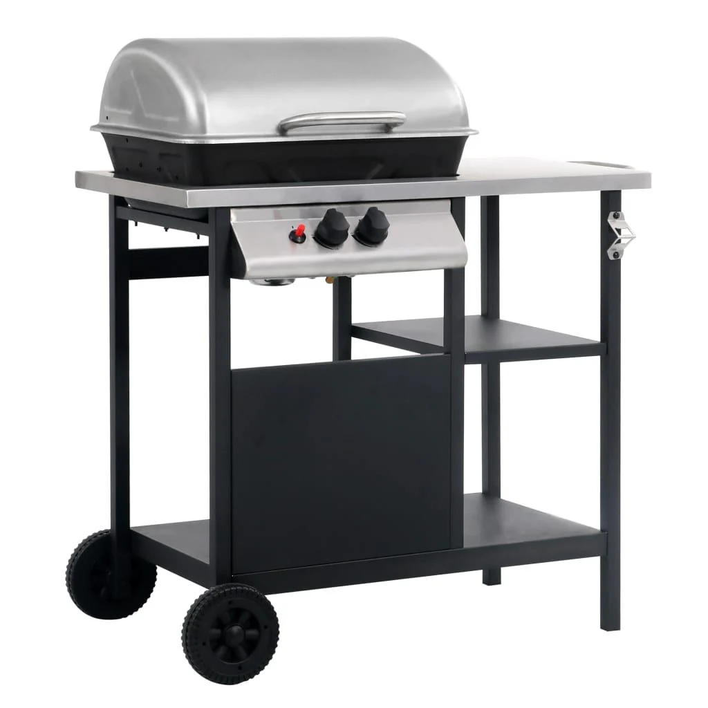 Barbacoa Portátil De Gas Con Mesita 3 Estantes Negro Y Plateado Vidaxl