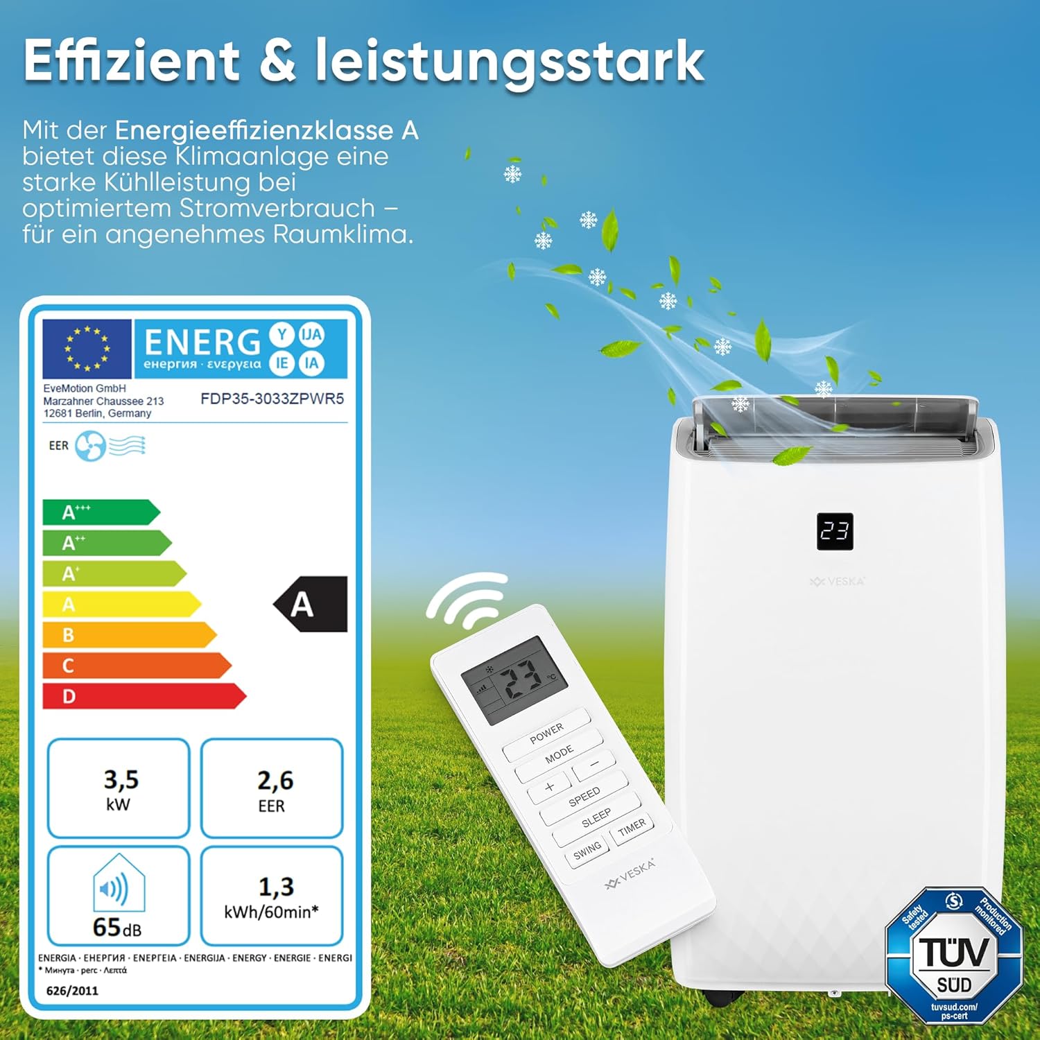 Klimaanlage Mobil 12000 BTU/h (3.500 Watt) - Mobiles Klimagerät 4in1 mit WiFi/App Monoblock Kältemittel - Fernbedienung, 24h-Timer, Luftentfeuchter, Nachtmodus (12000 BTU)