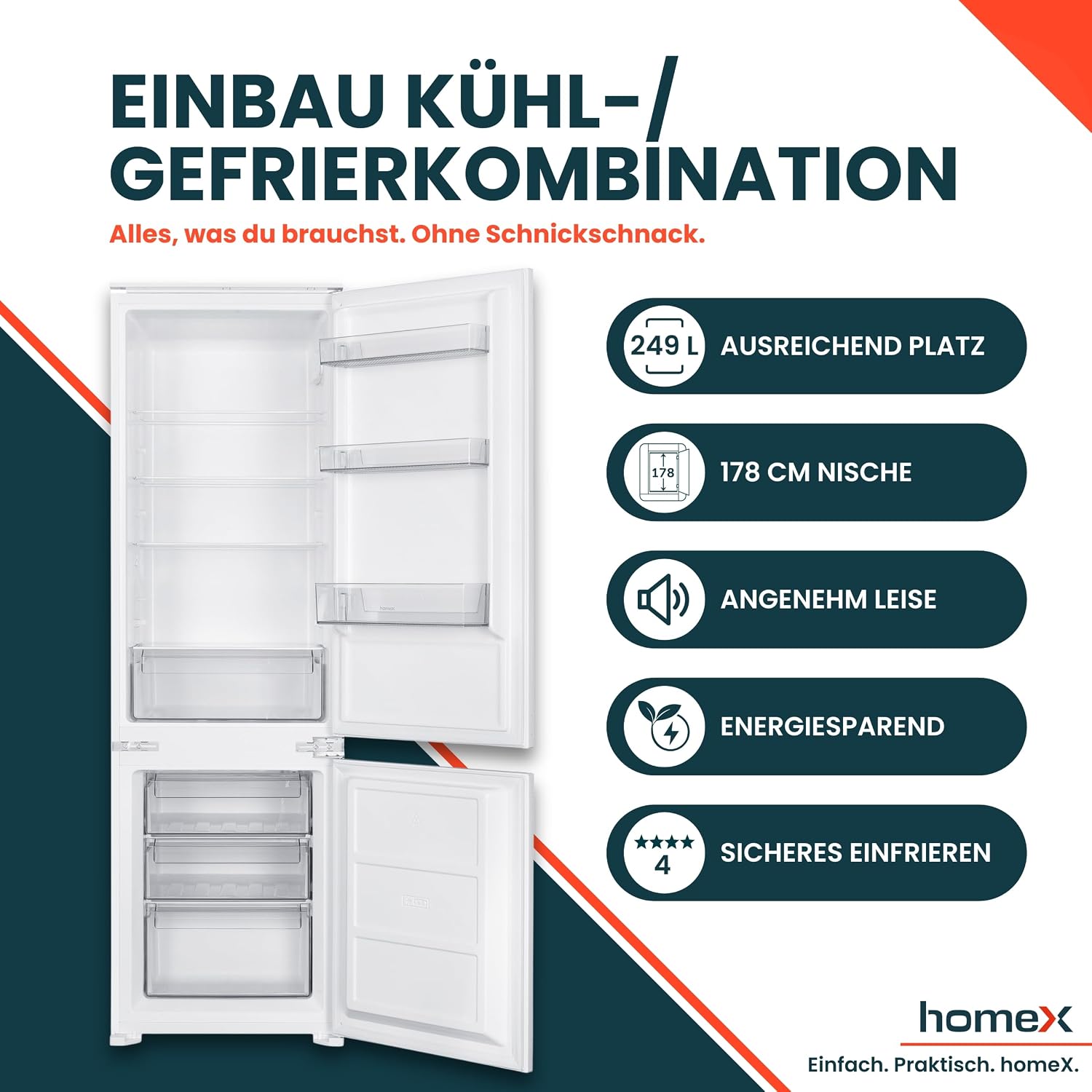homeX CFB2491E Einbaukühlschrank mit Gefrierfach, Einbau Kühl Gefrierkombination, 178cm Nische - 249 Liter, Schlepptürtechnik, LED-Beleuchtung, leise 39 dB, Türanschlag wechselbar, 4-Sterne Gefrieren