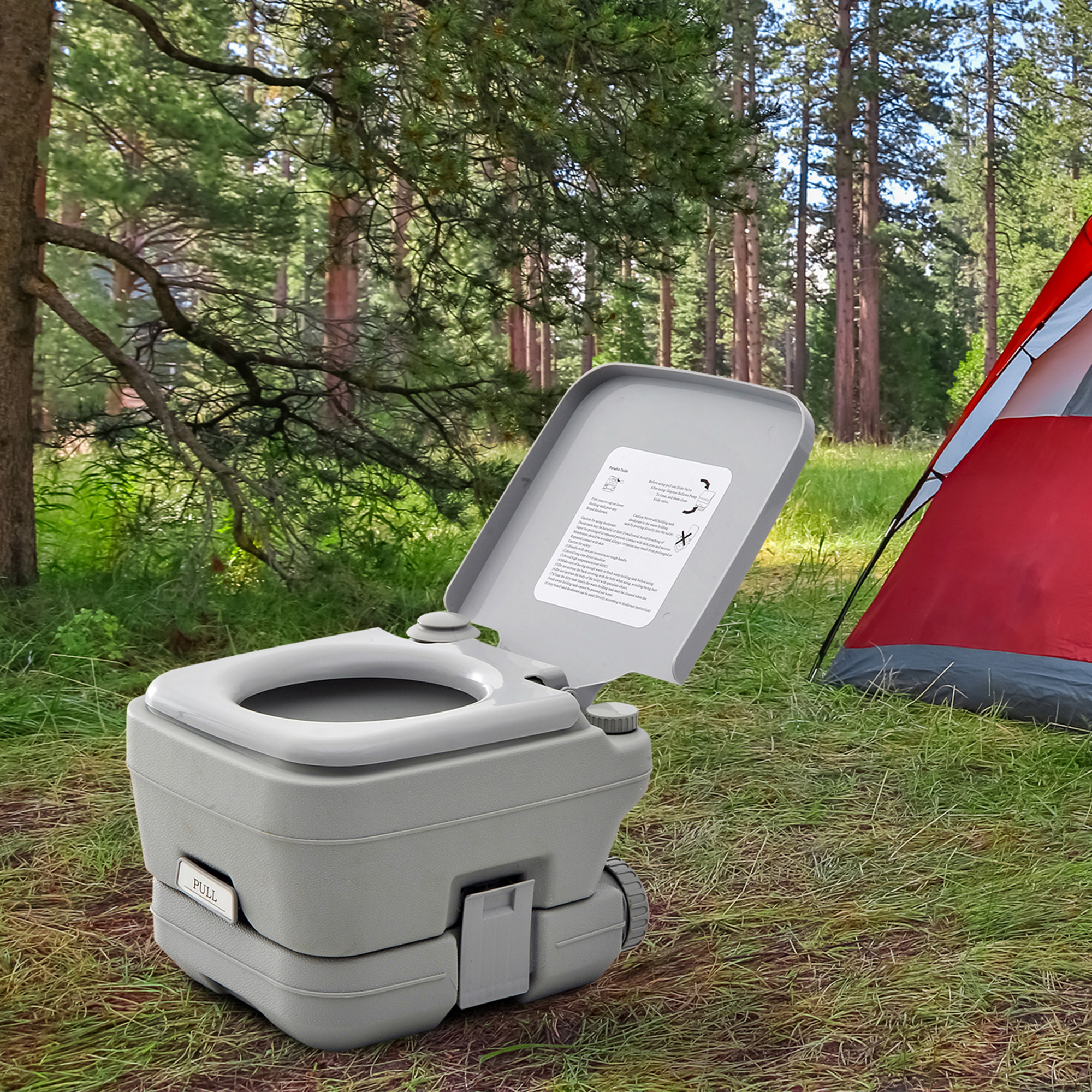 Outdoor Toilet, Draagbare Toilet, Afvaltank, Spoeltank, Kunststof, Deksel, Grijs