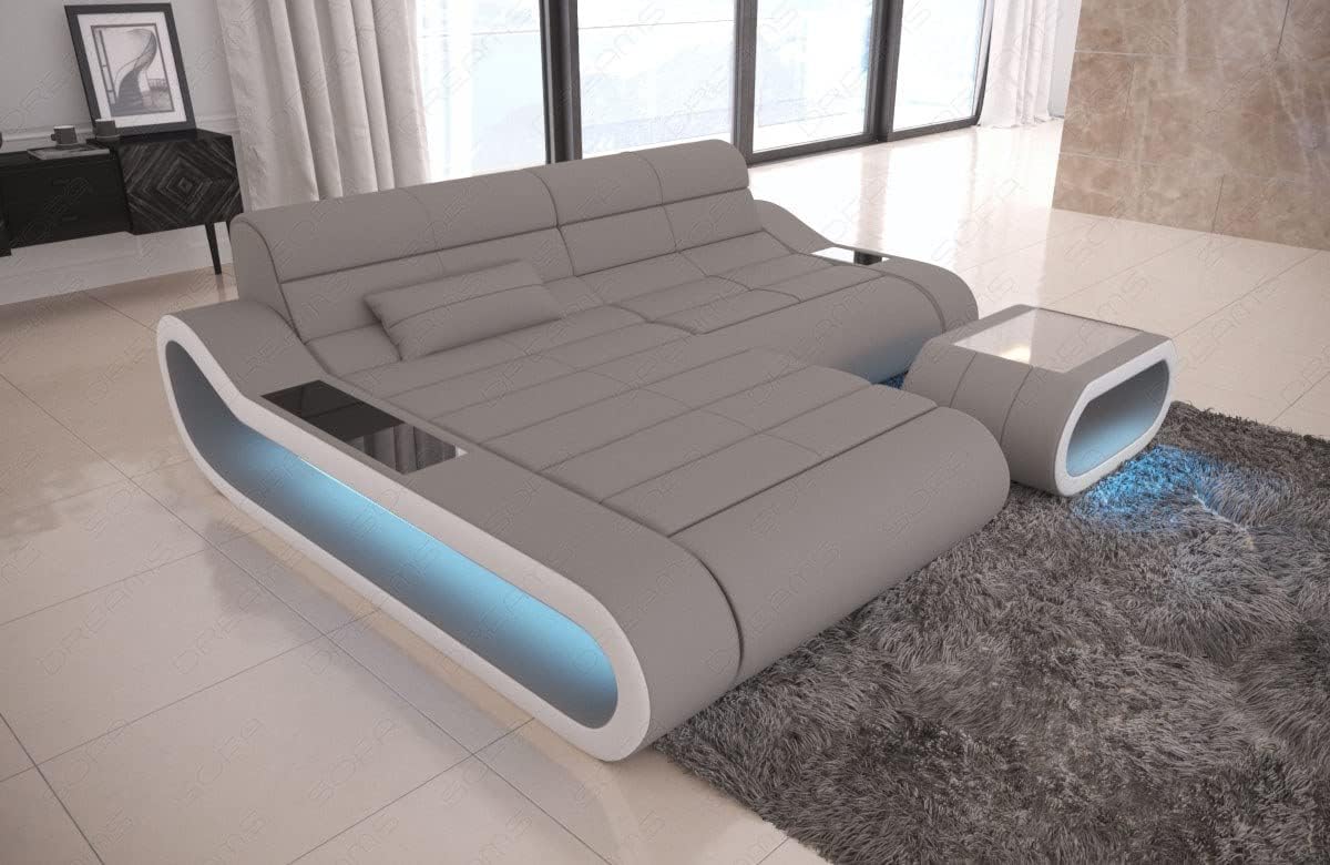 Sofa Dreams Ecksofa Concept kurz - mit LED Beleuchtung, Ottomane/Mikrofaser/Ausrichtung wählbar (Ottomane Links, Weiss-Hellgrau)