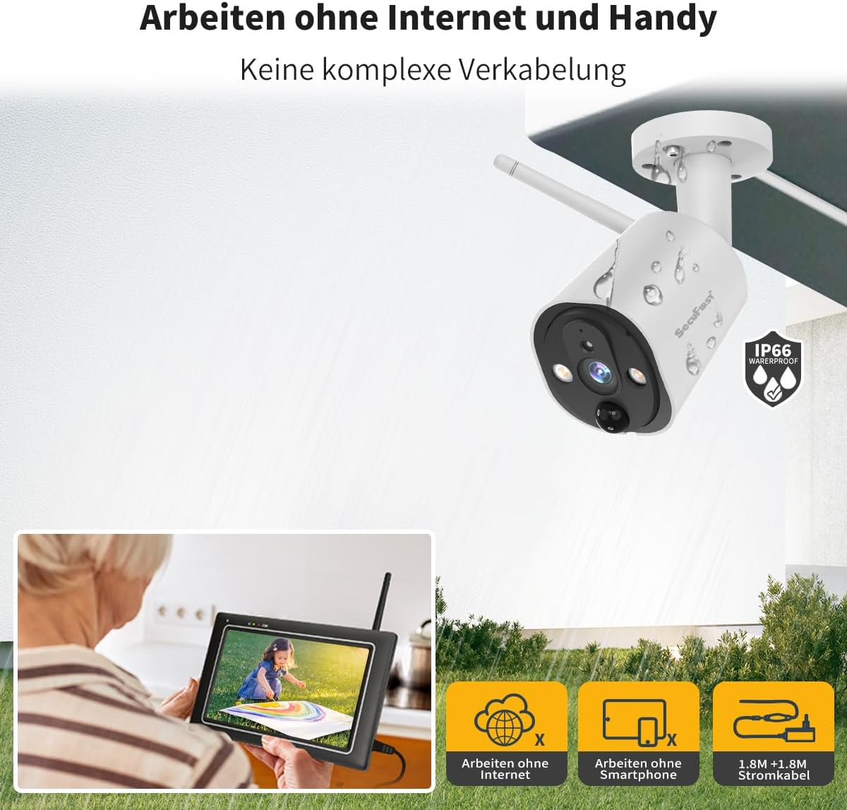 SecuFirst Überwachungskamera Aussen Kit mit Innen Monitor,7