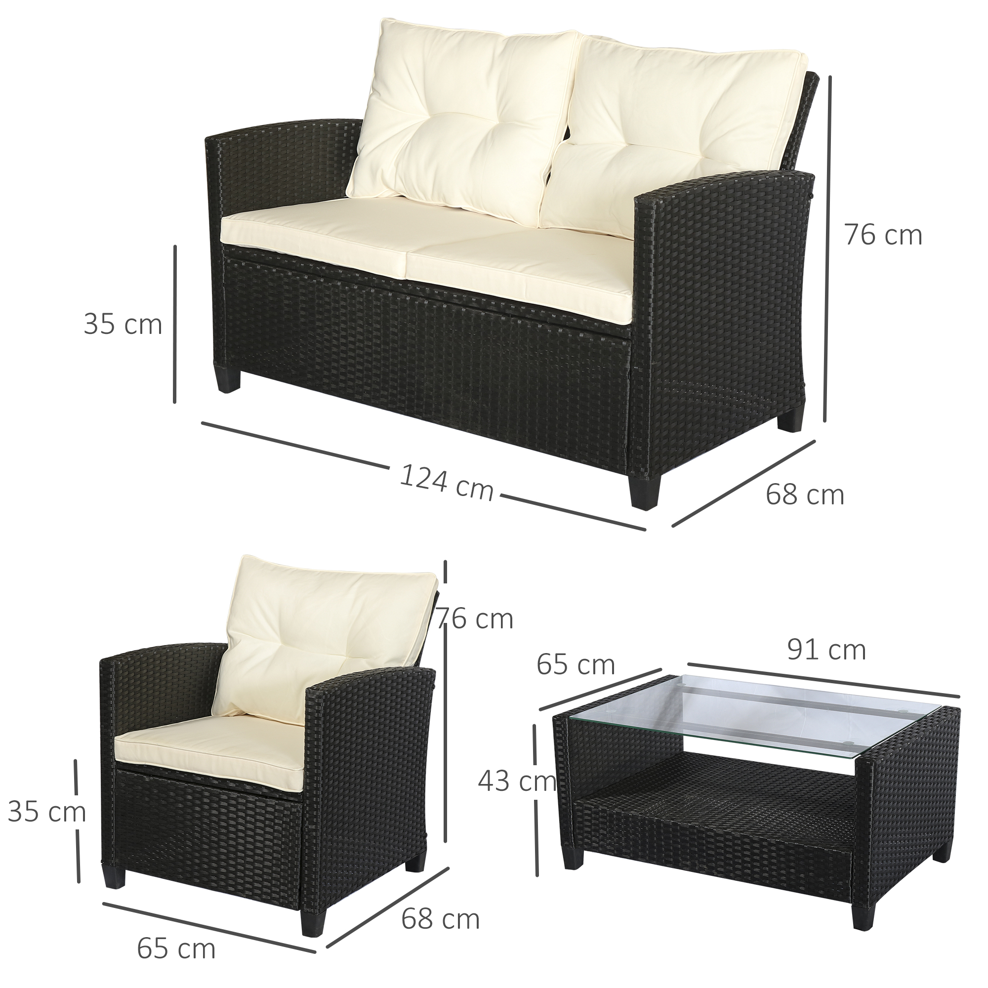 Outsunny poly-rotan zitset 4-delig Zitgroep tuinmeubel set lounge metaal zwart