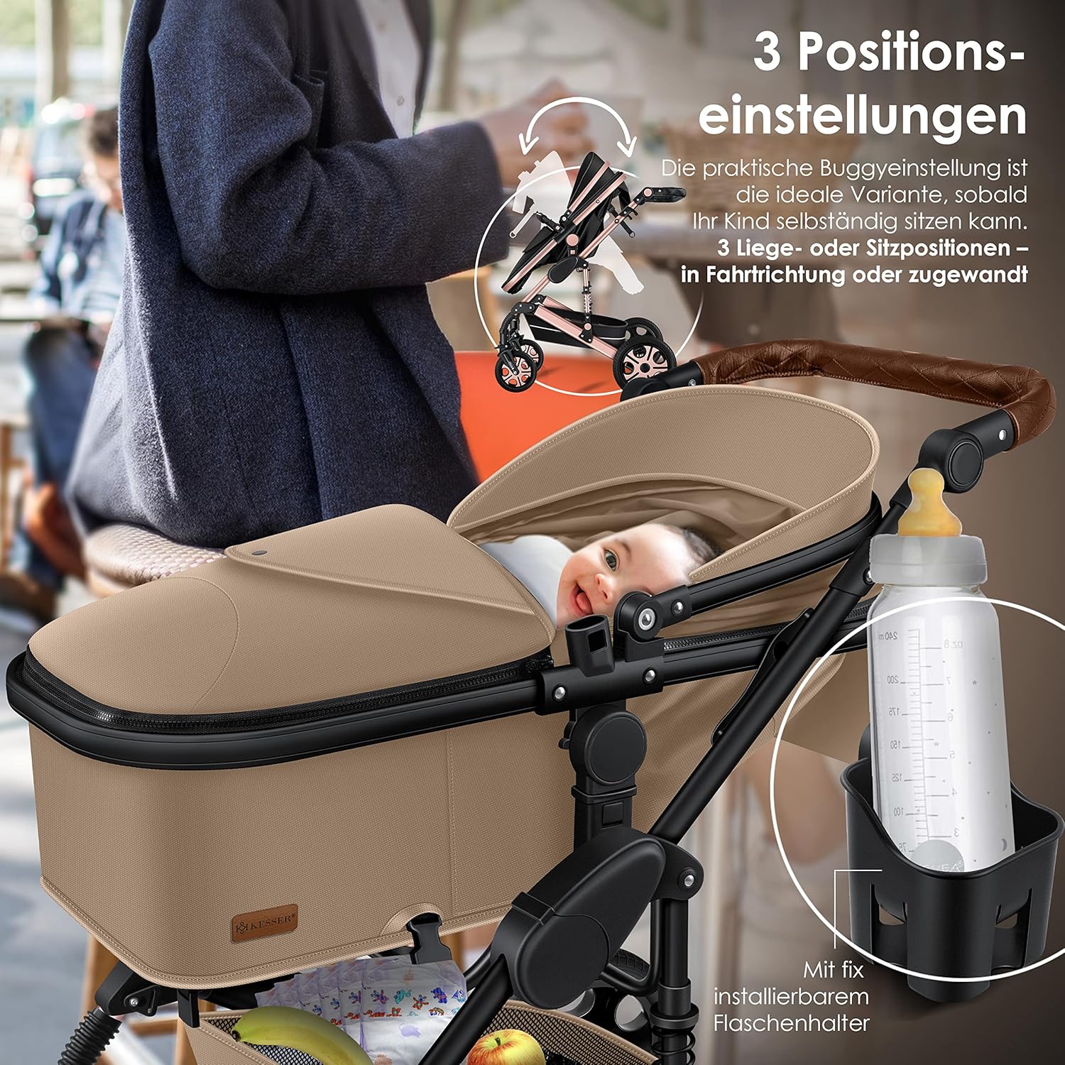 KESSER® Loops 3 in 1 Kinderwagen Kombikinderwagen Komplett-Set inkl. Babywanne & Buggy Sportsitz & Auto-Babyschale Voll-Gummireifen Wickeltasche Regenschutz Kindertisch ECE R129, Schwarz/Champagne