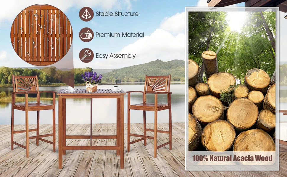 Eletriclife 3 Pieces Patio Bar Set with 2 Bar Stools and 1 Bar Table