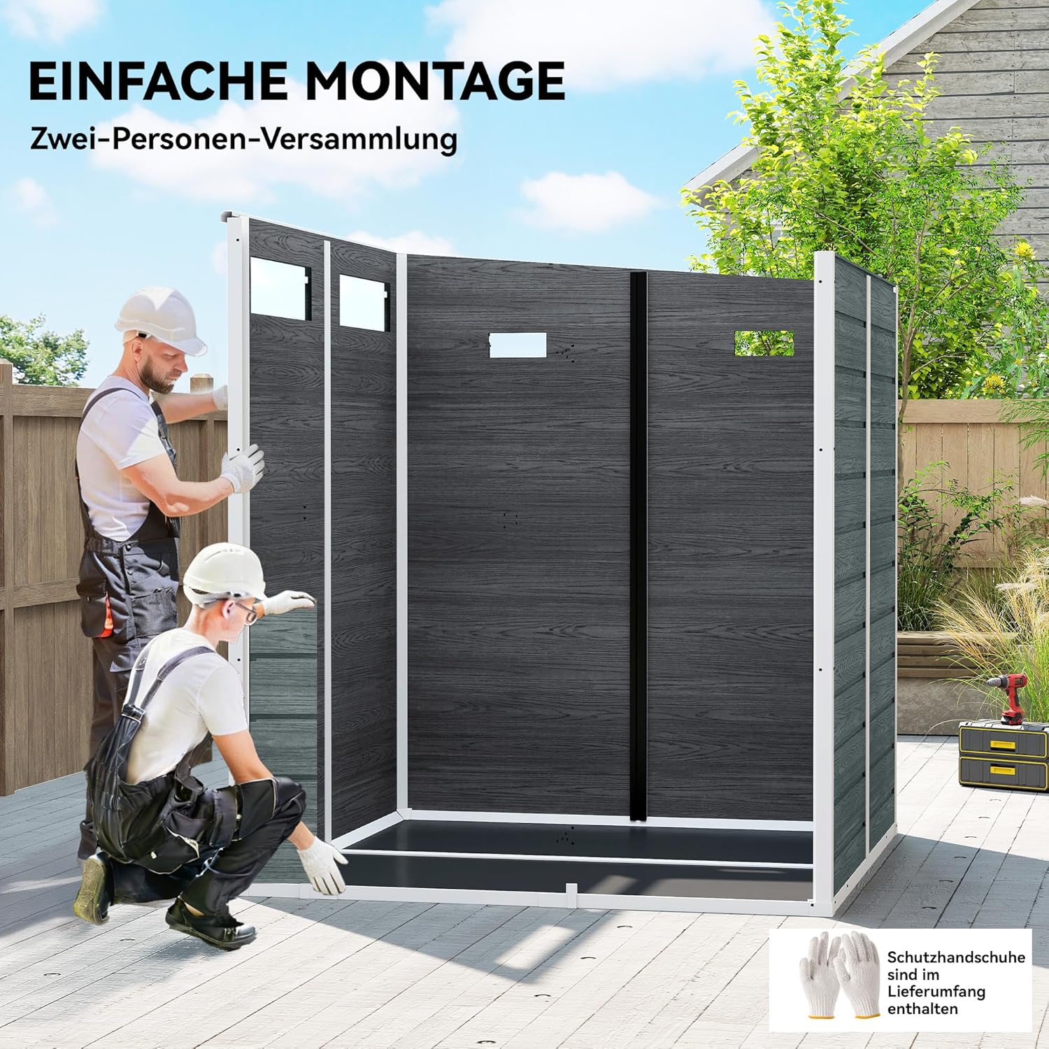 Outsunny Gerätehaus 2,89 m² Geräteschuppen mit Holzoptik 3 Fenster 182 x 182 x 196 cm Kunststoff Gartenschuppen mit Belüftung Boden Schloss Handschuhe, Gartenhaus für Werkzeuge Fahrrad Grau