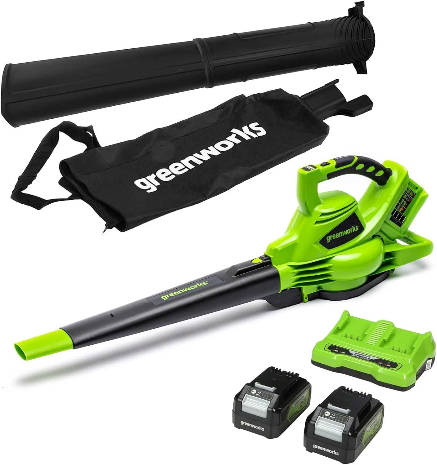Greenworks 48V (2x24V) accu bladzuiger/bladblazer met schouderriem, borstelloze motor, 322 km/u, 9 m3/min, 45L opvangzak, twee 4Ah accu's & lader, 3 jaar garantie GD24X2BVK4X