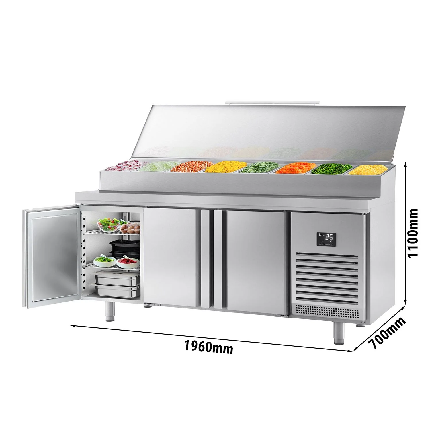 Saladette - 1960x700 mm - 3 dører - med lokk - for 1x GN 1/2 og 9x GN 1/3 beholdere
