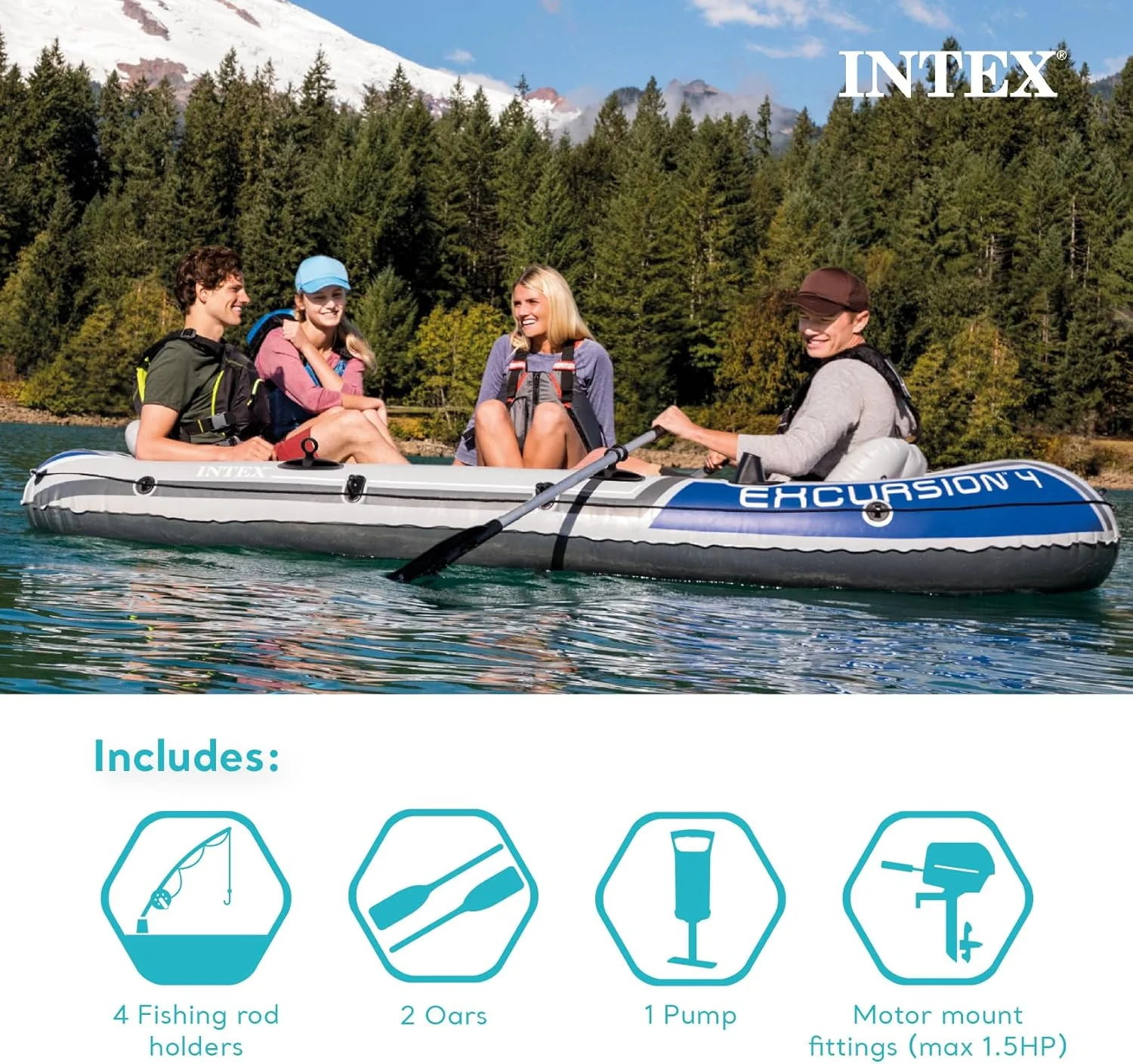 INTEX Excursion Inflatable Boat Series: Includes Deluxe 54in Boat Oars and High-Output Pump ?C SuperTough PVC ?C Adjustable Seats with Backrest ?C Fishing Rod Holders ?C Welded Oar Locks
