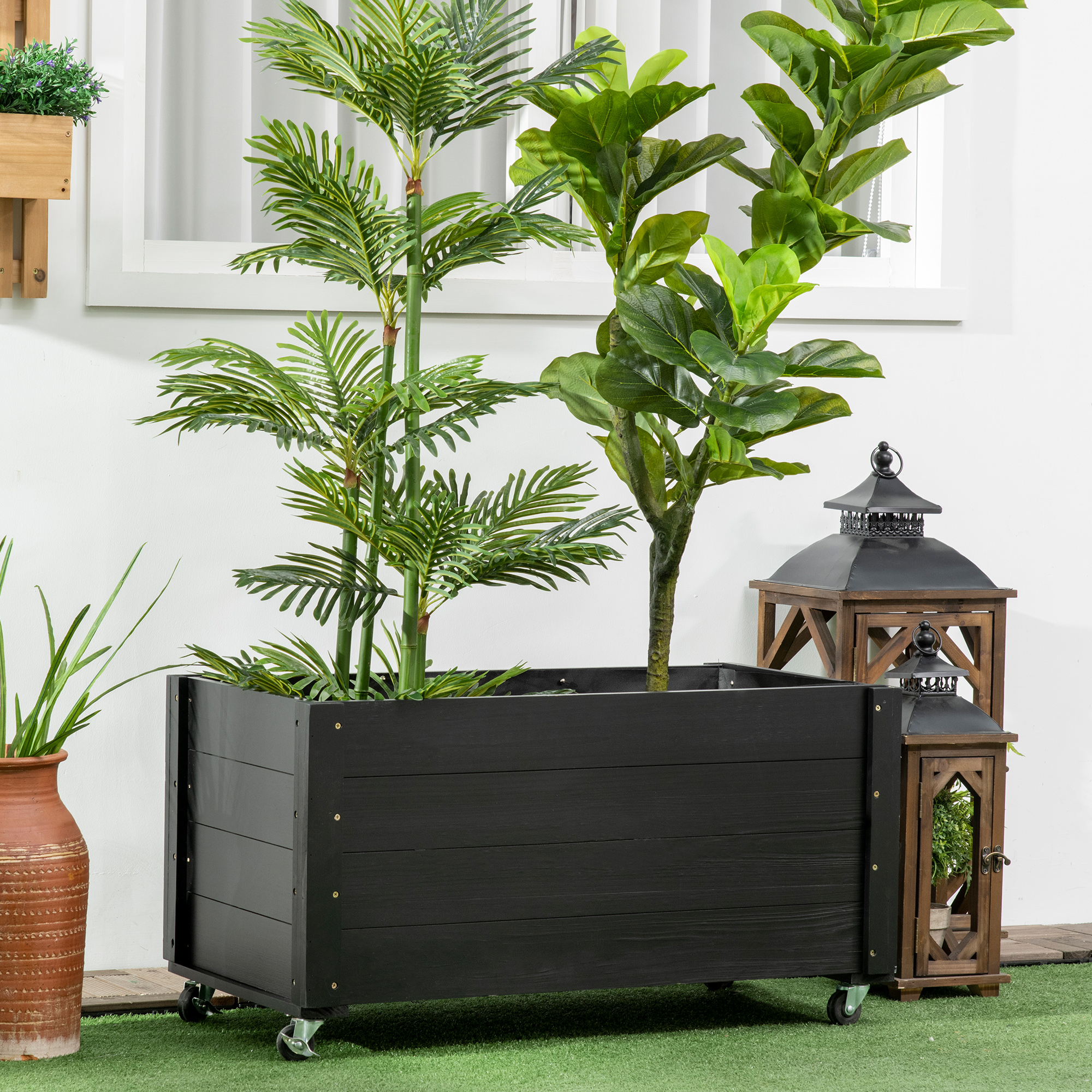 Outsunny verhoogd bed, bloembak met wielen, plantenbak voor tuin, massief hout