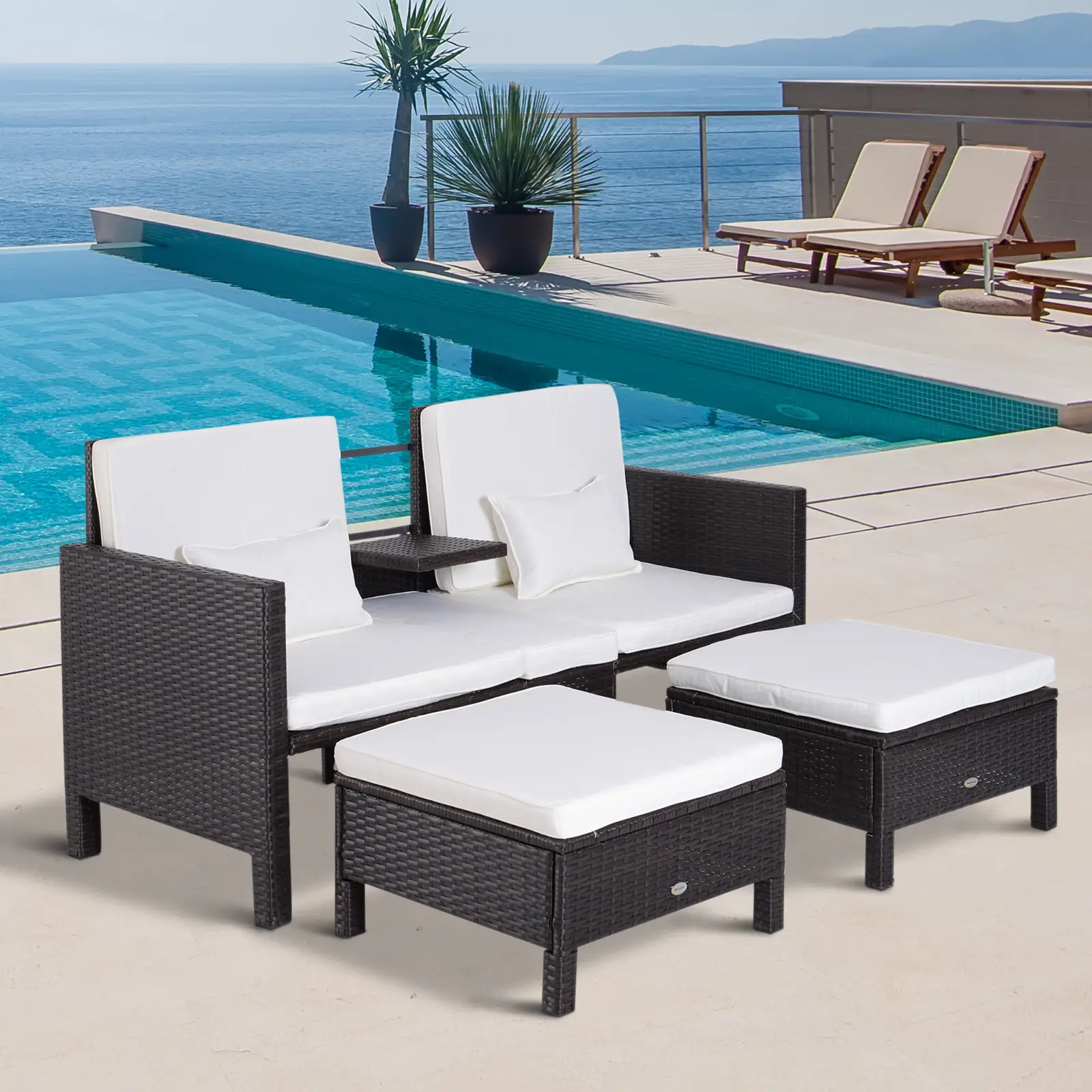 Outsunny polyrattan tuinset 3-delig met poef kussens outdoor