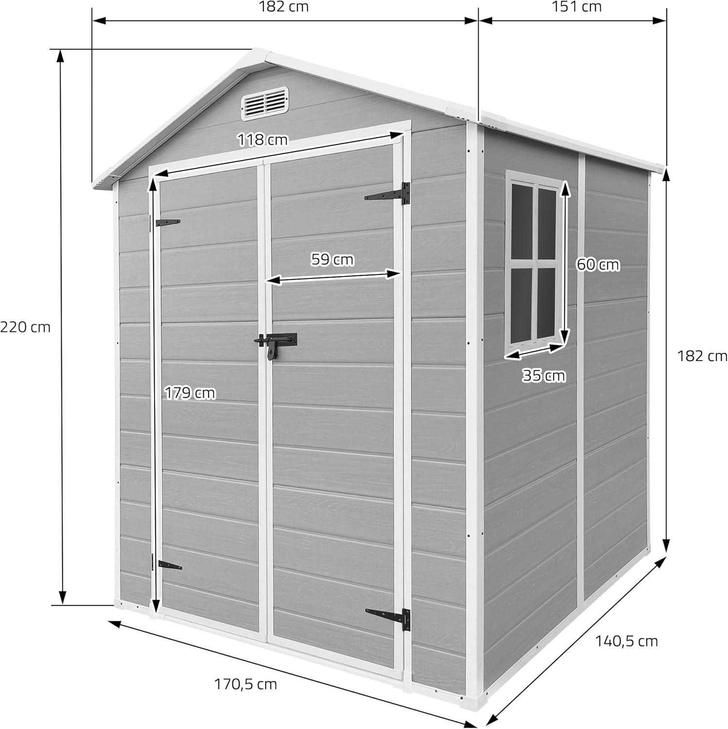 ECD Germany Gartenhaus Kunststoff mit Boden, Gerätehaus wetterfest, 5m³, 151x182x220 cm, Hellgrau, Geräteschuppen mit Satteldach, Fenster, Doppeltür & Belüftung, Gartenschuppen, Outdoor Aufbewahrung
