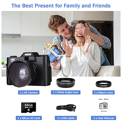 CCN Fotocamera Digitale 4K 48MP, Fotocamera con schermo 3.0" ribaltabile a 180°, fotocamera compatta con zoom digitale 16X, obiettivo grandangolare e obiettivo macro, scheda TF da 64GB, WiFi, nero : Elettronica