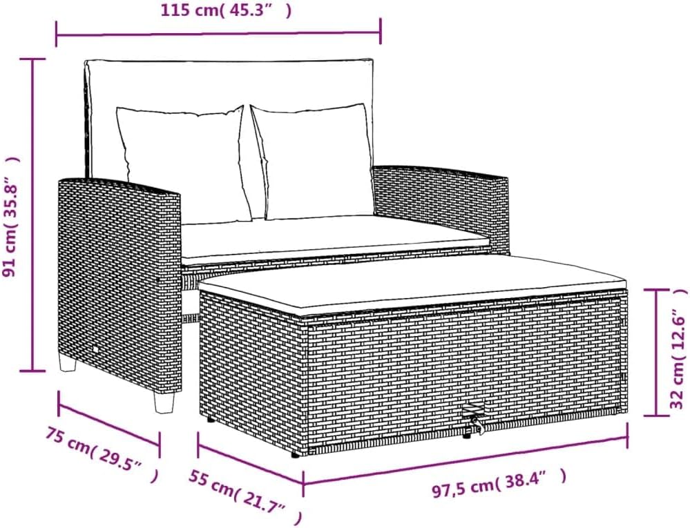 vidaXL Gartensofa 2-Sitzer, Outdoor Sofa mit Hocker mit Staufach, Gartenmöbel mit Kissen, Gartensessel Gartenbank, Schwarz Poly Rattan VC9087349