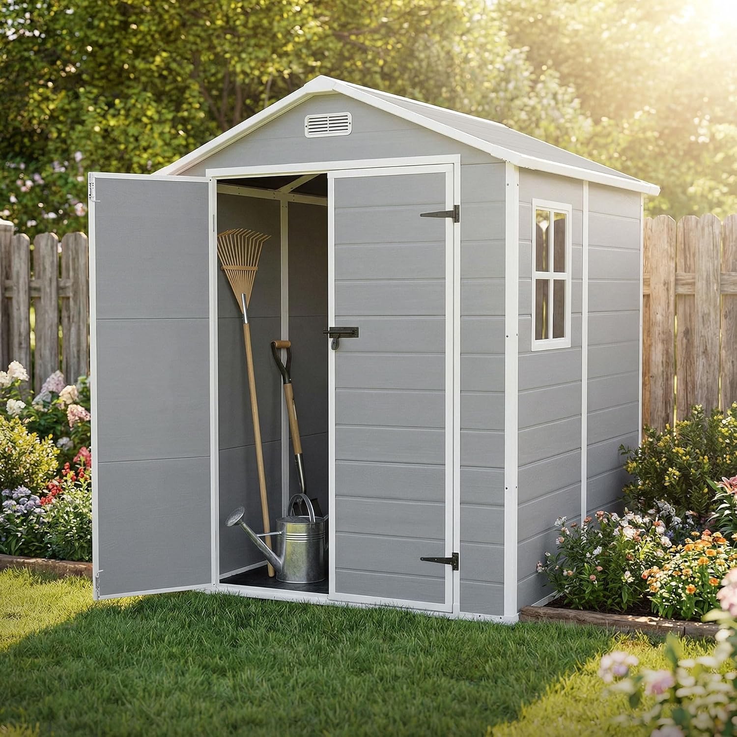 ECD Germany Gartenhaus Kunststoff mit Boden, Gerätehaus wetterfest, 5m³, 151x182x220 cm, Hellgrau, Geräteschuppen mit Satteldach, Fenster, Doppeltür & Belüftung, Gartenschuppen, Outdoor Aufbewahrung