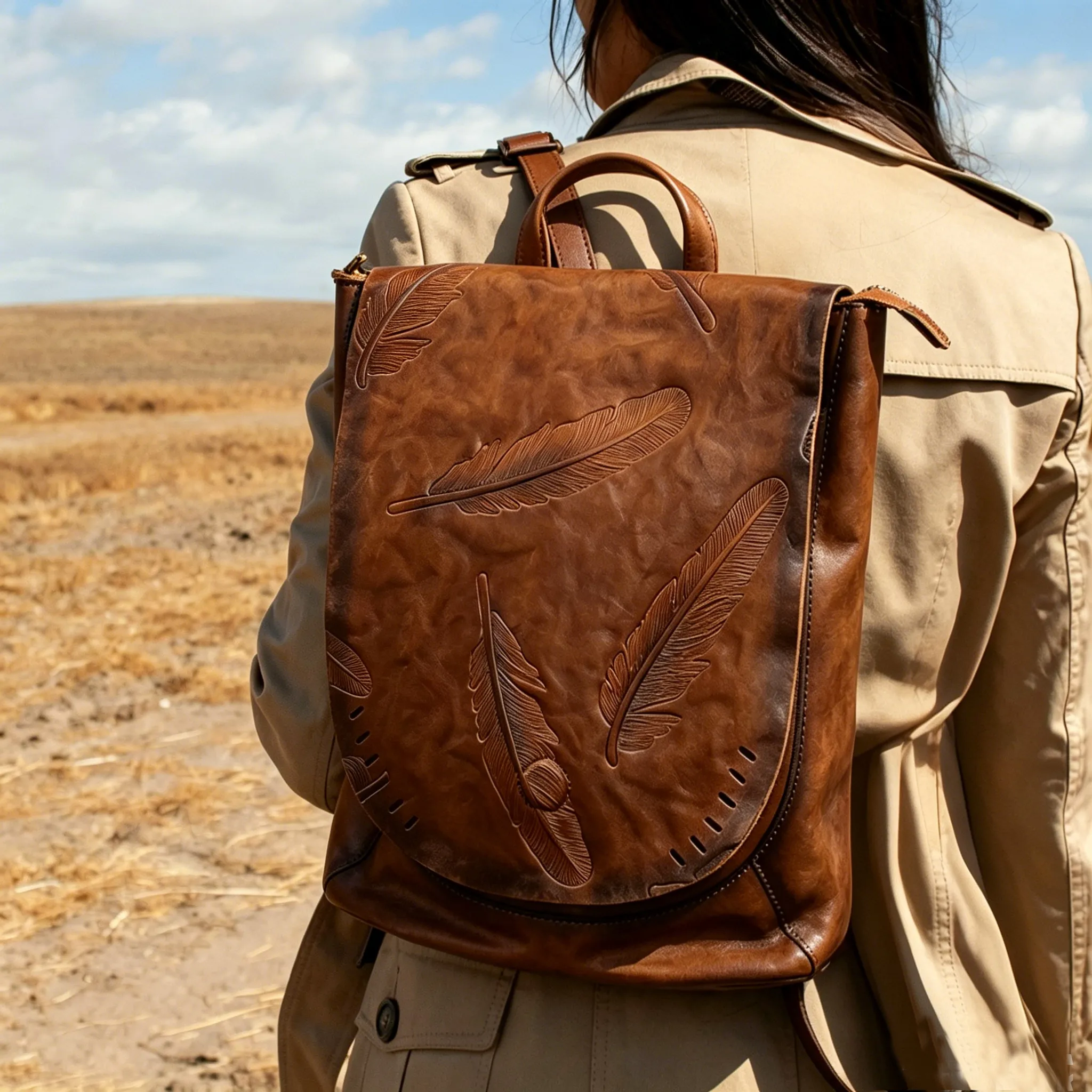 Vintage Embossed Feather Top Grain Leather Backpack