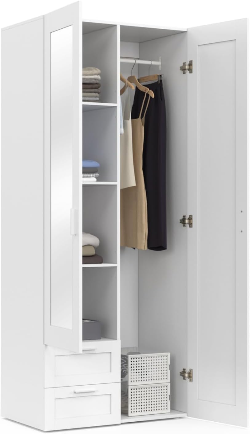 IDMarket - VITO 2-door wardrobe white 80 cm with 2 drawers, mirror and shelves
