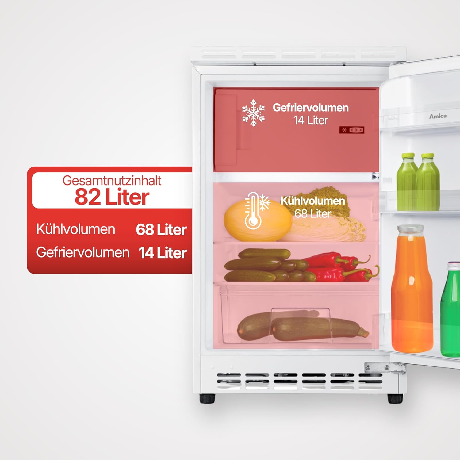 Amica Unterbau Kühlschrank dekorfähig für 815 cm Nische elektronische Steuerung Inverter Kompressor LED Beleuchtung Tür-Offen-Alarm, 82 liters