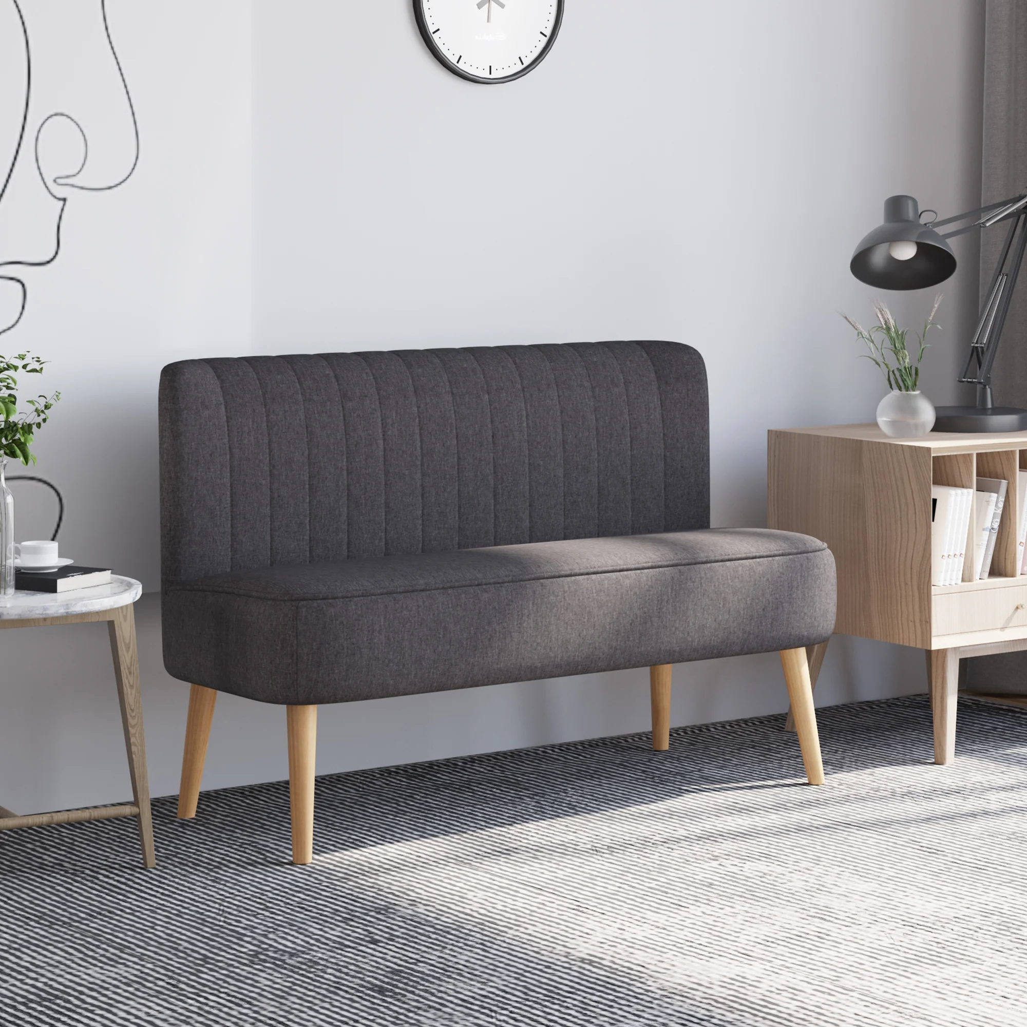 Modern linnen tweezitsbankje, compact bankje met vulling en houten poten, grijs