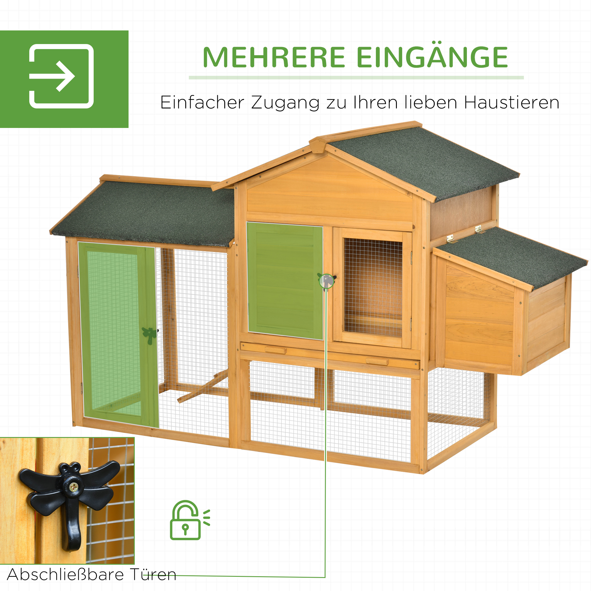 PawHut kippenhok kippenhok met ren pluimveehok met roede raam nestkast dennenhout geel + groen 168x75x103 cm