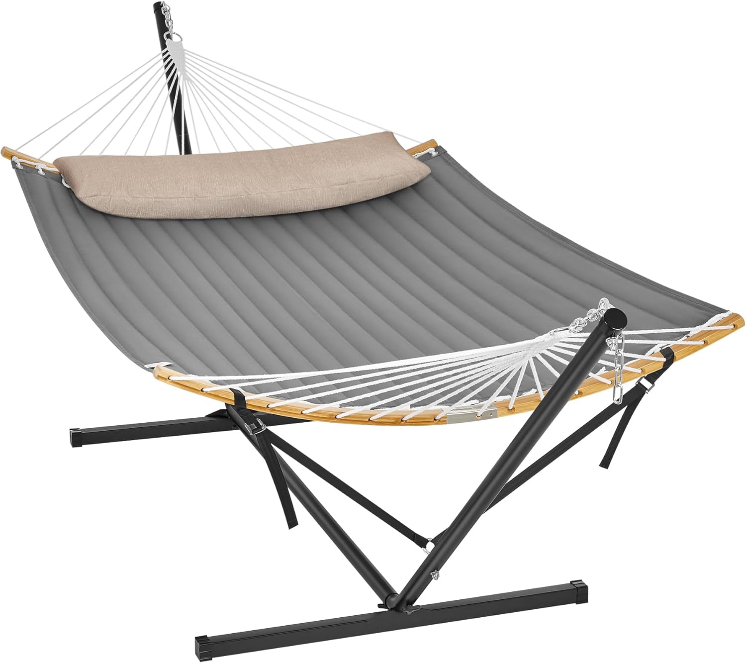 SONGMICS Hängematte mit Gestell, Hängemattengestell aus Metall, Doppelhaltestange, mit Kissen, bis 200 kg belastbar, Garten, schwarzes Gestell und graue Hängematte GHS002G01