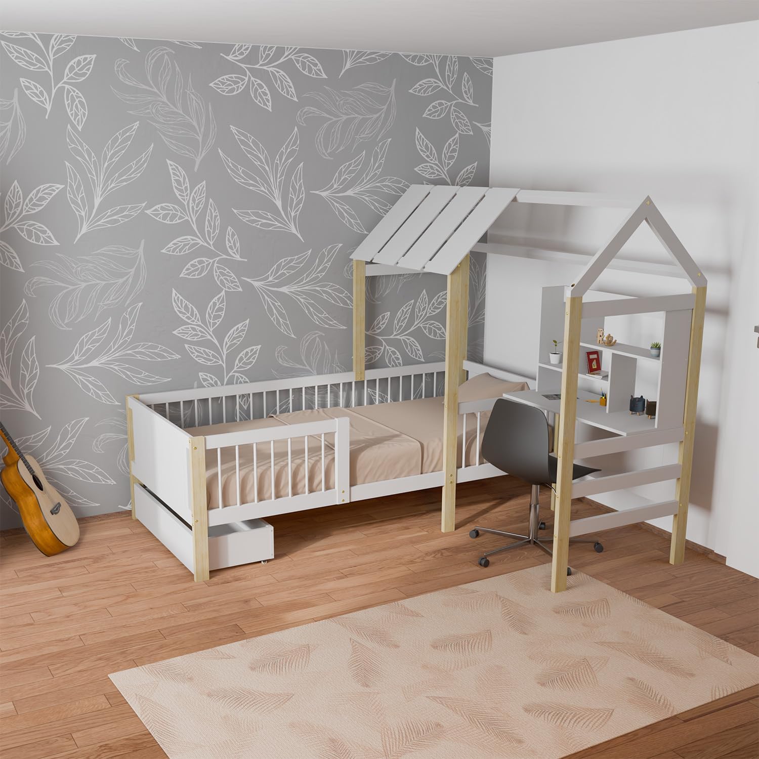Juskys Kinderbett Yari 90x200 cm - Einzelbett mit Schreibtisch & Schublade, Kiefernholz & Langlebige Materialien, Verspieltes Haus-Design - Weiß/Natur