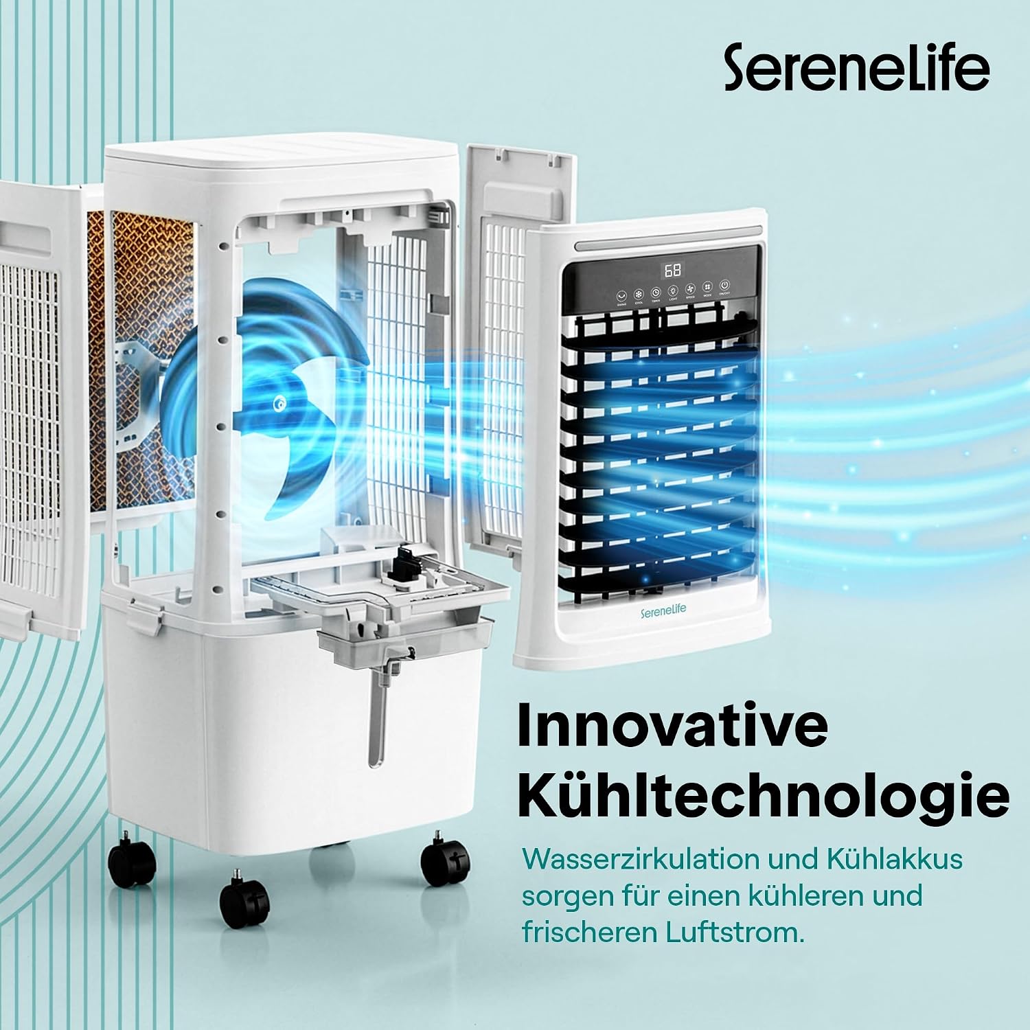 SereneLife Klimaanlage ohne Abluftschlauch, 25L Verdunstungsluftkühler für Große Räume, 1700 CFM, Kühlakku-Funktion, Timer Abnehmbarer Wassertank 80W, 60/120°Oszillation, Leise mit Rollen