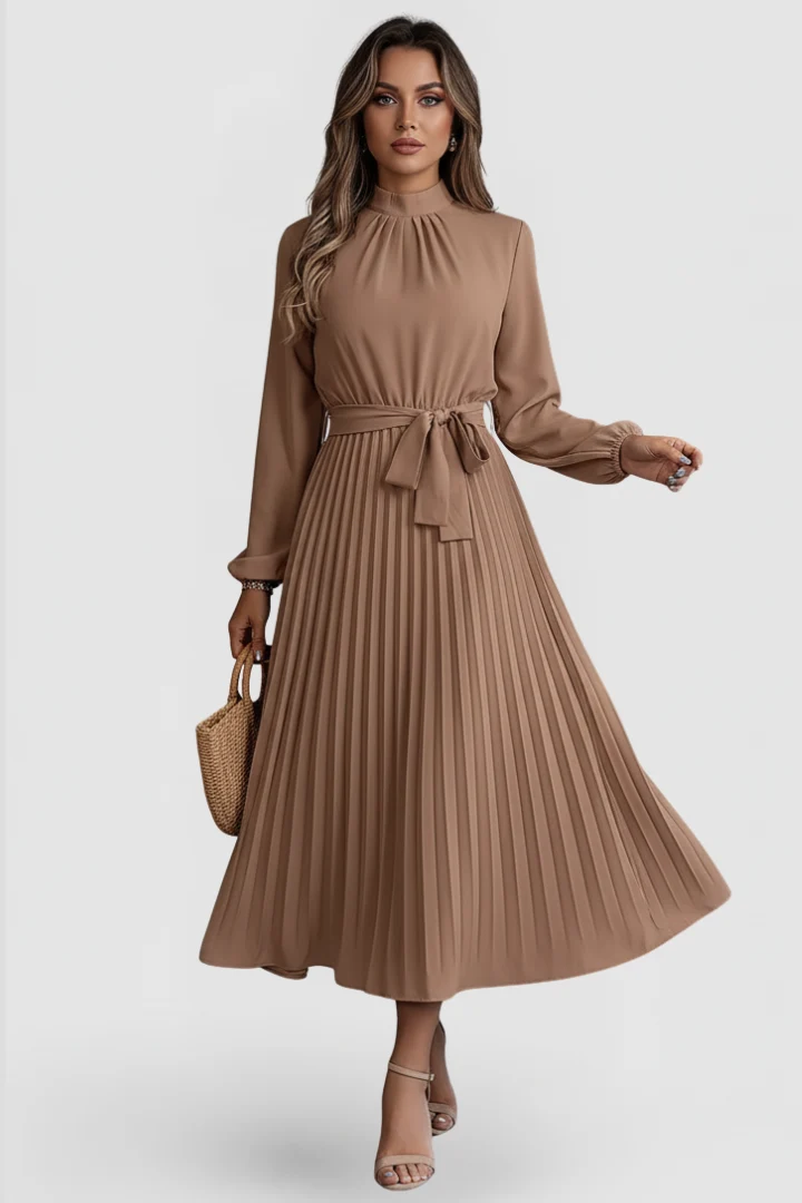Plissee-Kleid f��r Damen mit Langarm und Bindeg��rtel | Elegantes Midikleid hochgeschlossen mit gerafftem Ausschnitt
