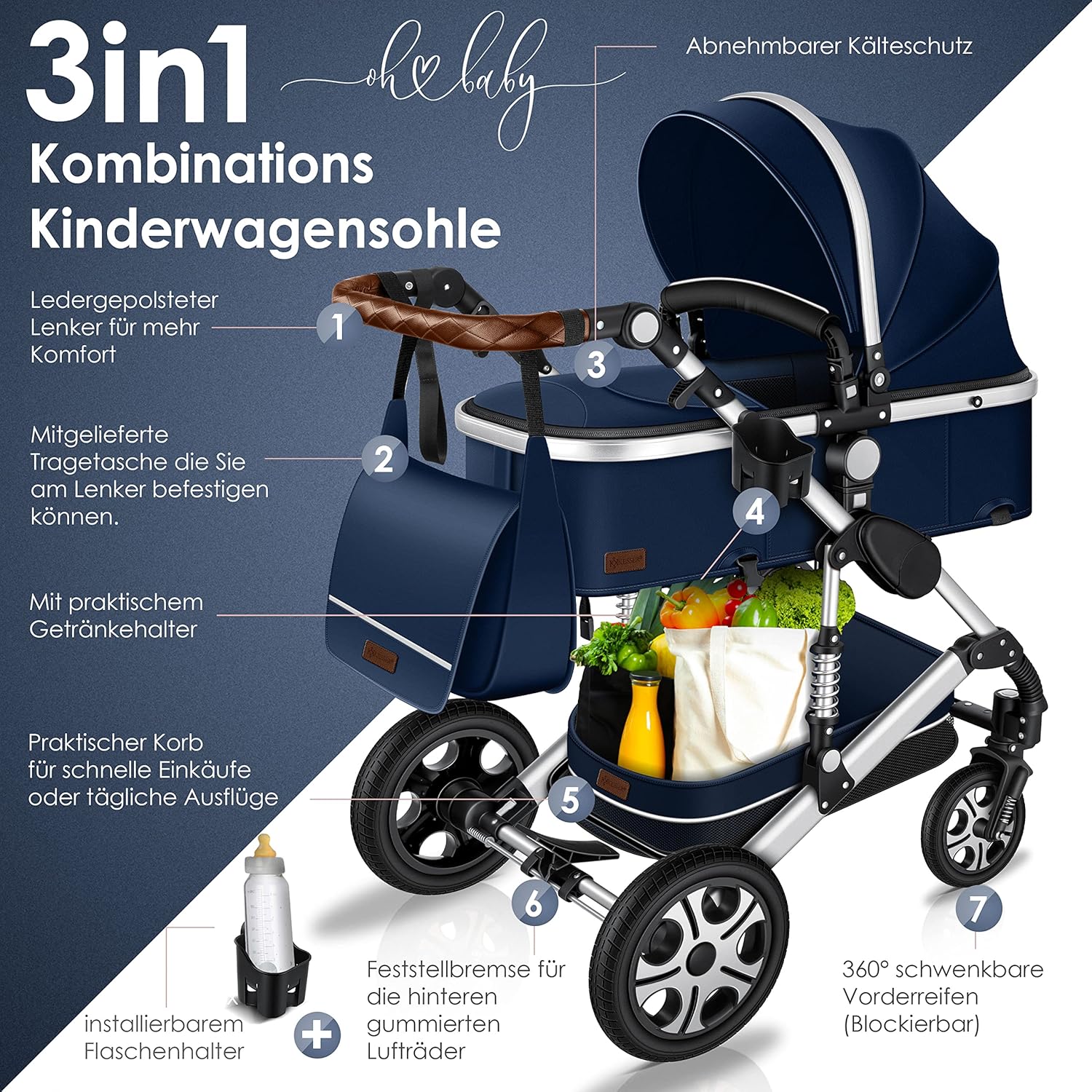 KESSER® Loops 3 in 1 Kinderwagen Kombikinderwagen Komplett-Set inkl. Babywanne & Buggy Sportsitz & Auto-Babyschale Voll-Gummireifen Wickeltasche Regenschutz Kindertisch ECE R129, Schwarz/Champagne